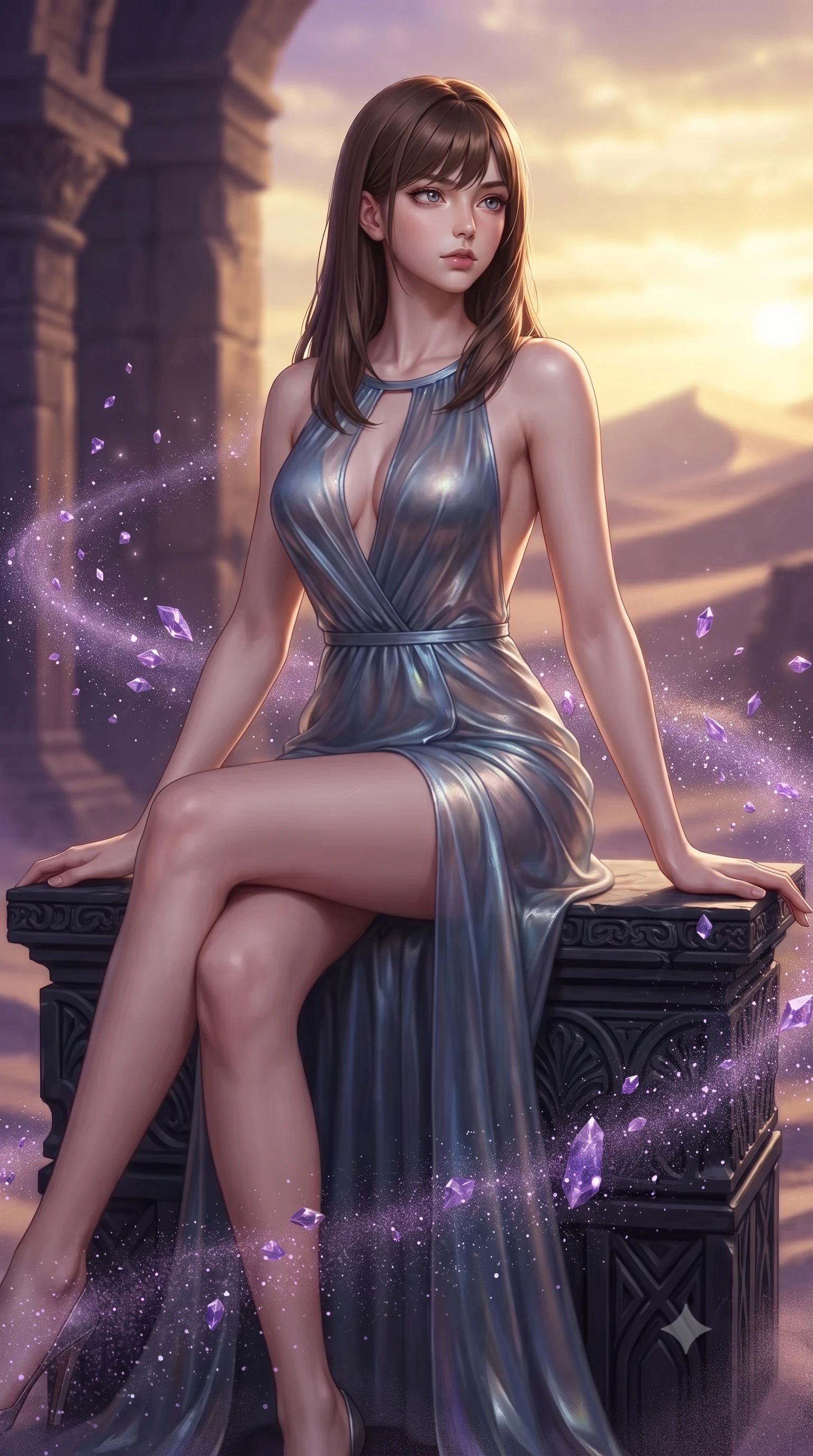 score_9, masterpiece, best quality, ultra-detailed, high-budget anime keyframe, editorial fashion photography, tasteful artistic composition, Korean woman. close-up cowboy shot from the waist and thighs up, the character dominates the composition, filling the frame with her large presence, background elements kept in soft focus. Gazing past the camera with an air of effortless elegance and mysterious confidence resting on a carved obsidian monument in a surreal desert sanctuary, swirling gusts of fine purple crystal sand shimmering like diamond dust. She has an exceptionally elegant, slender, and willowy female figure with an ultra-slim waist, a gracefully sculpted slender torso, and a refined silhouette. sharp v-shaped jawline, high-bridge nose, intricate jewel-like eyes with depth, thick eyelashes, glossy lips with a natural sheen. wearing a translucent iridescent chiffon gown with a plunging neckline and open back in slate blue and metallic silver, crafted from smooth liquid silk, accented with a Tasteful chest slit framing her clavicle gracefully, the tailored fabric tightly following every curve of her athletic build. illuminated by dramatic golden sunset key light and rich purple ambient fill. ultra-reflective glossy finish, specular highlights, metallic sheen, high-contrast stereoscopic depth, volumetric dynamic lighting, 2k, ultra detail, master piece, 9:16 ratio