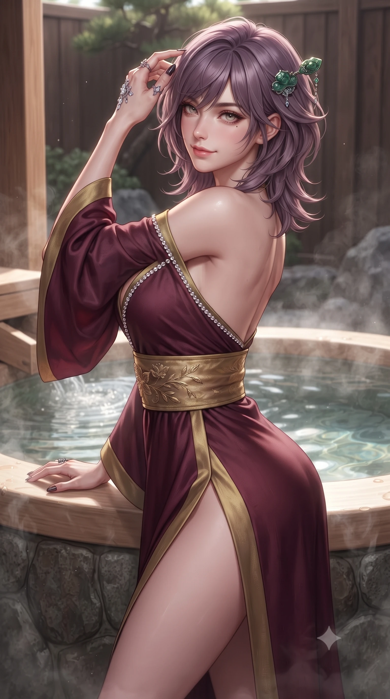 score_9, masterpiece, best quality, ultra-detailed, high-budget anime keyframe, editorial fashion photography, tasteful artistic composition, Japanese woman. close-up cowboy shot from the waist and thighs up, the character dominates the composition, filling the frame with her large presence. tilting her head with an alluring smile while arching her spine with dancer poise, one hand touching her ornate jade hairpin in a flirtatious S-curve while resting against the steaming outdoor cedar hot tub with hips cocked back, looking over a bare shoulder with an alluring, mist-veiled gaze. The surrounding environment is rendered in vivid detail and crisp panoramic clarity: sharp hinoki cypress wood grain, natural stone tub textures, and crystal-clear steaming spring water ripples in deep focus. She has an exceptionally elegant, slender, and willowy female figure with an ultra-slim waist, flat toned midriff, narrow ribcage, and sculpted feminine hips creating an alluring, slim hourglass silhouette without bulk. sharp v-shaped jawline, high-bridge nose, intricate jewel-like dark sparkling almond eyes with depth, thick lashes, glossy parted lips with a natural rose-plum sheen, bright alluring and coquettish smile with bedroom-eyes, exuding both timeless oriental elegance and sovereign high-fashion allure, flawlessly proportioned anatomical accuracy, strict slender model proportions, natural body alignment, perfectly sculpted long slender limbs, ultra-slim waistline, clean dynamic posture without body distortion. wearing a deep plunging-V modern kimono gown with wide flowing sleeves and a waist-cinching gold embroidered sash in deep wine burgundy and brushed antique gold, tailored from smooth celadon raw silk with natural organic slub texture, finished with subtle crystal rhinestones tracing the elegant neckline, the precision-cut side hip slits and low-back scoop framing her graceful spine and the sensual sweep of her slim, toned hips. illuminated by hot spring water caustics and sharp platinum rim lights carving her razor-sharp jawline, narrow waist, and curvy hips. ultra-reflective glossy finish, specular highlights, rich textural contrasts, high-contrast stereoscopic depth, volumetric dynamic lighting, 2k, ultra detail, master piece, 9:16 ratio