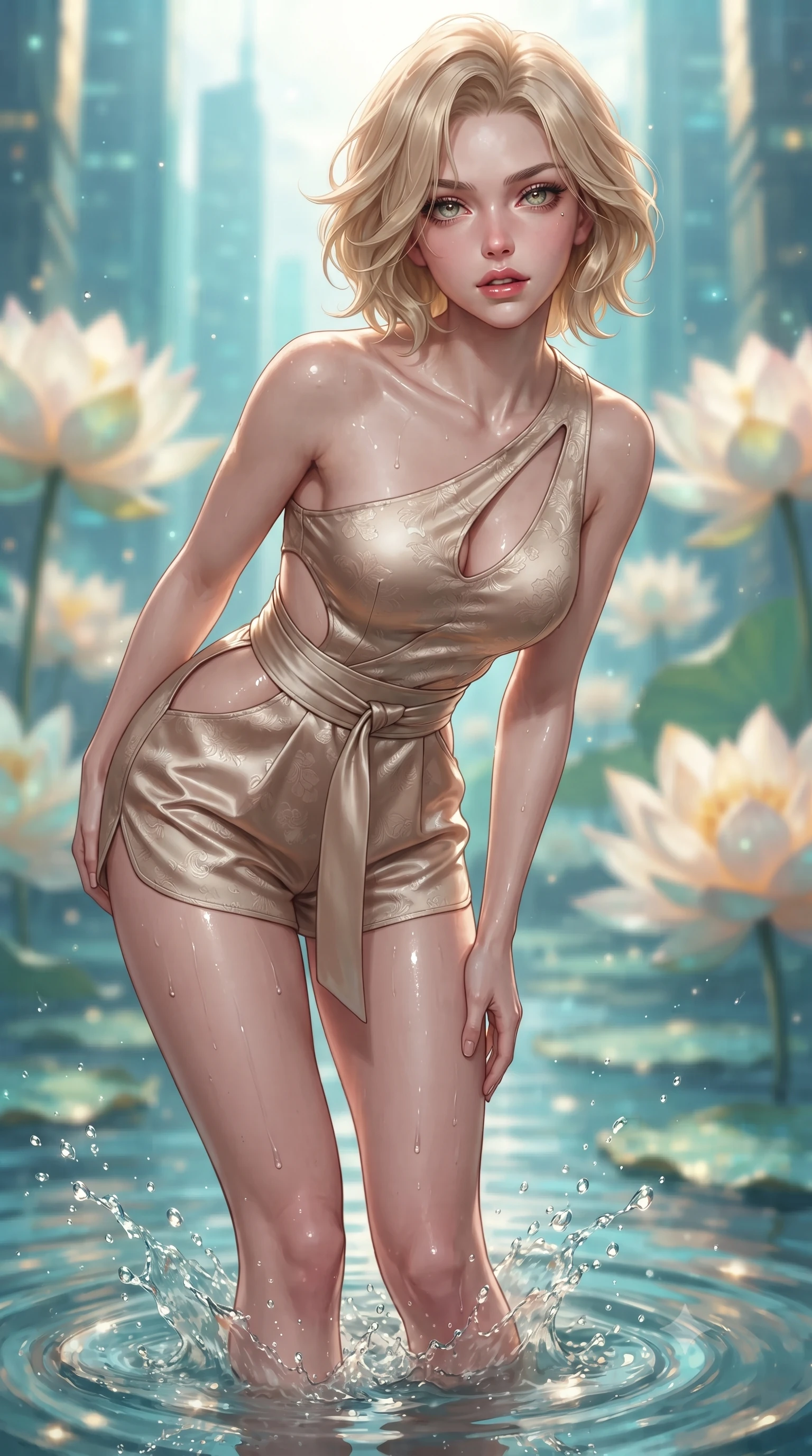 score_9, masterpiece, best quality, ultra-detailed, high-budget anime keyframe, editorial fashion photography, tasteful artistic composition, Caucasian woman. close-up cowboy shot from the waist and thighs up, the character dominates the composition, filling the frame with her large presence. leaning forward toward the camera with playful, breathtaking intimacy, eyes locked onto the viewer with irresistible charisma while wading lightly into the shallow lotus pool, water splashing around her slender ankles in glittering droplets. The composition keeps background elements in soft focus with creamy bokeh. giant floating lotus blossoms and distant vertical forest skyscrapers blurred into crystalline turquoise, gold, and azure bokeh. She has an exceptionally elegant, slender, and willowy female figure with an ultra-slim waist, a gracefully sculpted slender torso, toned flat midriff, and a refined slim silhouette. sharp v-shaped jawline, high-bridge nose, intricate jewel-like eyes with depth, thick eyelashes, glossy parted lips with a natural sheen, intensely captivating and seductive expression, flawlessly proportioned anatomical accuracy, strict slender model proportions, natural body alignment, perfectly sculpted long slender limbs, ultra-slim waistline, clean dynamic posture without body distortion. wearing a cut-out solarpunk asymmetrical bodysuit with organic leaf-curve side openings and athletic shorts in desert sand beige and pearlescent bronze, tailored from smooth liquid silk satin with subtle floral jacquard, accented with a wide sash belt cinching her impossibly narrow waist, the relaxed yet flattering fit accentuating her naturally graceful and slender figure, highlighting her tall statuesque proportions. illuminated by wet specular highlights accentuating her collarbones, waistline, and slender curves. ultra-reflective glossy finish, specular highlights, rich textural contrasts, high-contrast stereoscopic depth, volumetric dynamic lighting, 2k, ultra detail, master piece, 9:16 ratio