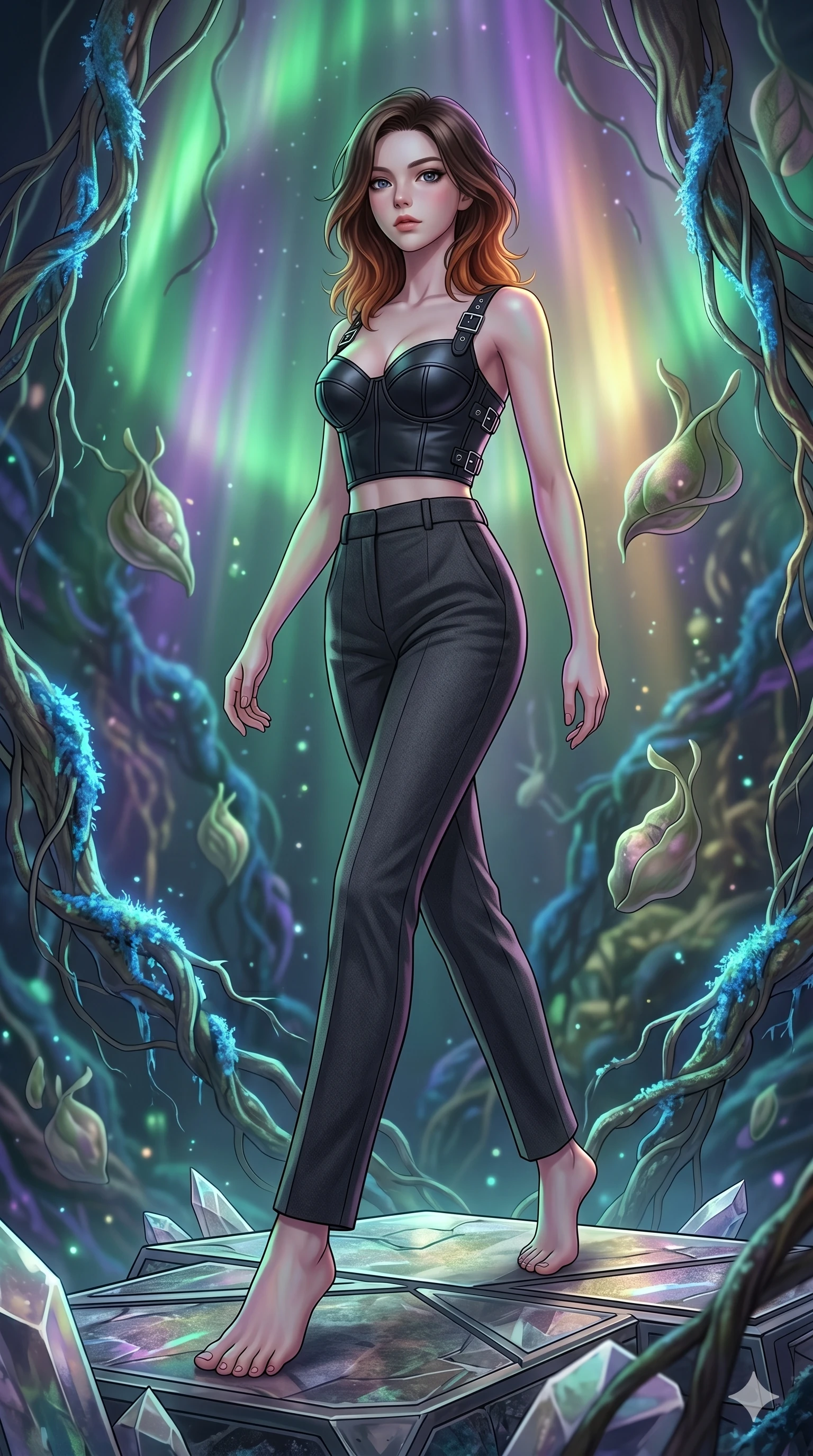 score_9, masterpiece, best quality, ultra-detailed, high-budget anime keyframe, editorial fashion photography, tasteful artistic composition, Korean woman. low angle full-body shot from head to toe showing her feet, filling the entire 9:16 vertical frame with her statuesque presence, stretching her vertical silhouette. Stepping powerfully forward onto an elevated surface within a zero-gravity botanical chamber with floating root systems wrapped in glowing blue moss. She has an absolutely perfect 8-heads proportion, an exceptionally tall and slender female figure with impossibly long slender legs and an ultra-slim waist. V-shaped jawline, high-bridge nose, intricate jewel-like eyes with depth, thick eyelashes, glossy lips with a natural sheen. wearing a sculpted matte black leather bustier with structured cups and silver buckle details, paired with high-waist charcoal wool trousers with a clean tailored leg. illuminated by a shifting aurora palette of green, violet, and gold from above, wrapping her in color. 2k, ultra detail, master piece, 9:16 ratio