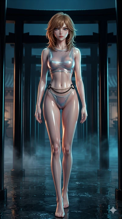 score_9, masterpiece, best quality, ultra-detailed, high-budget anime keyframe, semi-realistic 3D game render, editorial fashion photography, tasteful artistic composition, Korean woman. low angle full-body shot from head to toe showing her feet, fil