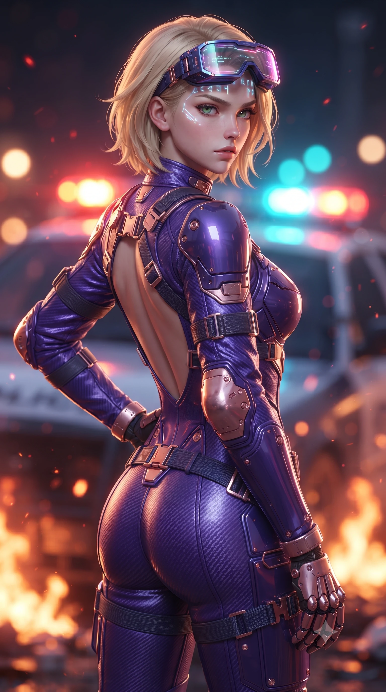 score_9, masterpiece, best quality, ultra-detailed, high-budget anime keyframe, editorial fashion photography, tasteful artistic composition, Caucasian woman. close-up cowboy shot from the waist and thighs up, the character dominates the composition, filling the frame with her large presence. resting one armored hand on her hip while glancing over her shoulder with thick eyelashes and an indomitable, smoldering combat gaze while standing resolute amidst blazing wreckage with goggles pushed up into her hair, gazing forward with unyielding defiance. The composition keeps background elements in soft focus with creamy bokeh. blazing barricade fires and flashing police barricade strobe lights blurred into dazzling crimson, amber, and electric cyan bokeh. She has an exceptionally elegant, slender, and willowy female figure with an ultra-slim waist, a gracefully sculpted slender torso, toned flat midriff, and a refined slim silhouette. sharp v-shaped jawline, high-bridge nose, intricate jewel-like eyes with depth, thick eyelashes, glossy lips with a natural sheen, fierce and resolute heroine expression, flawlessly proportioned anatomical accuracy, strict slender model proportions, natural body alignment, perfectly sculpted long slender limbs, ultra-slim waistline, clean dynamic posture without body distortion. wearing high-tech holographic tactical goggles resting tipped up on her forehead, casting glowing neon runes across her brow without obscuring her features, paired with a tailored tactical combat jumpsuit with an open-back harness design, reinforced composite breastplate, and high-mobility elbow dampers in royal purple carbon fiber with distressed rose-gold hardware and buckles, formed from high-gloss patent carbon-plating with specular dystopian chiaroscuro reflections, finished with high-mobility flexible armor articulation seams and miniature magnetic locks, the liquid-tight tailored fabric emphasizing every curve of her tall, slender model proportions and sculptured silhouette during dynamic movement. surrounded by a rebellious, passionate, and fiercely alluring dystopian freedom-fighter aura. ultra-reflective glossy finish, specular highlights, dark metallic sheen, high-contrast stereoscopic depth, volumetric dynamic lighting, 2k, ultra detail, master piece, 9:16 ratio