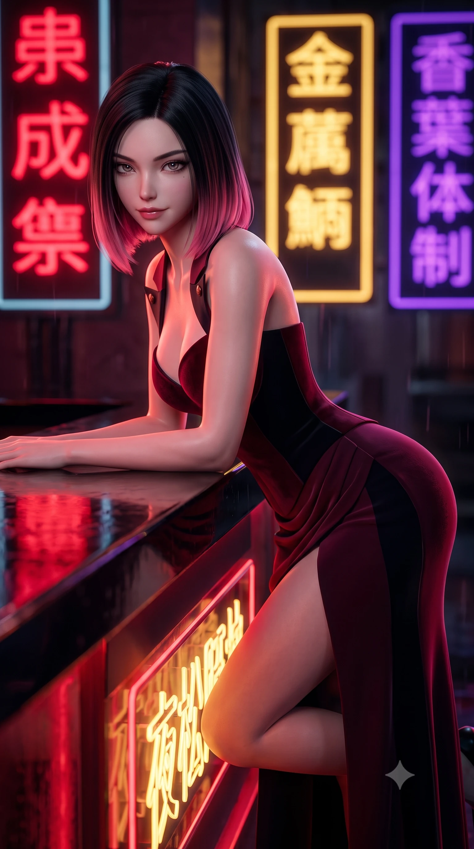 score_9, masterpiece, best quality, ultra-detailed, high-budget anime keyframe, semi-realistic 3D game render, editorial fashion photography, tasteful artistic composition, Korean woman. close-up cowboy shot from the waist and thighs up, the character dominates the composition, filling the frame with her large presence. leaning forward over the counter while arching her lower back to accentuate her curvy hips, looking into the lens with a dangerous smoldering half-smile and bedroom-eyes while leaning against a polished black lacquer facade with one knee bent, her tailored outfit hugging her narrow waist and feminine hips as neon signs reflect below. The composition keeps background elements in soft focus with dreamy creamy bokeh. vertical kanji neon signs in deep crimson, gold, and royal purple blurred into dazzling saturated reflections and dreamy rain bokeh. She has an exceptionally elegant, slender, and willowy female figure with an ultra-slim waist, flat toned midriff, narrow ribcage, and sculpted feminine hips creating an alluring, slim hourglass silhouette without bulk. sharp v-shaped jawline, high-bridge nose, intricate jewel-like dark sparkling eyes with dangerous depth, thick curled eyelashes, glossy parted lips with a rich wine sheen, smoldering seductive half-smile with bedroom-eyes, exuding effortless superiority and intoxicating dark allure, flawlessly proportioned anatomical accuracy, strict slender model proportions, natural body alignment, perfectly sculpted long slender limbs, ultra-slim waistline, clean dynamic posture without body distortion. wearing a sweetheart-neckline velvet bustier paired with a curve-hugging high-slit mermaid maxi skirt in deep wine burgundy and lustrous obsidian, tailored from fine lightweight midnight wool crepe with crisp architectural structure, finished with sharp tailored peak lapels and subtle horn button accents, the glove-like silhouette tightly following the natural contour of her hips and long slender legs with youthful 8.5-heads elegance. bathed in intense saturated crimson and warm gold neon underlights contrasting with dark rain-soaked shadow tones. highly saturated vibrant anime colors, detailed shading with soft gradients, rich glossy textures, high-contrast stereoscopic depth, volumetric dynamic lighting, master piece, 9:16 ratio