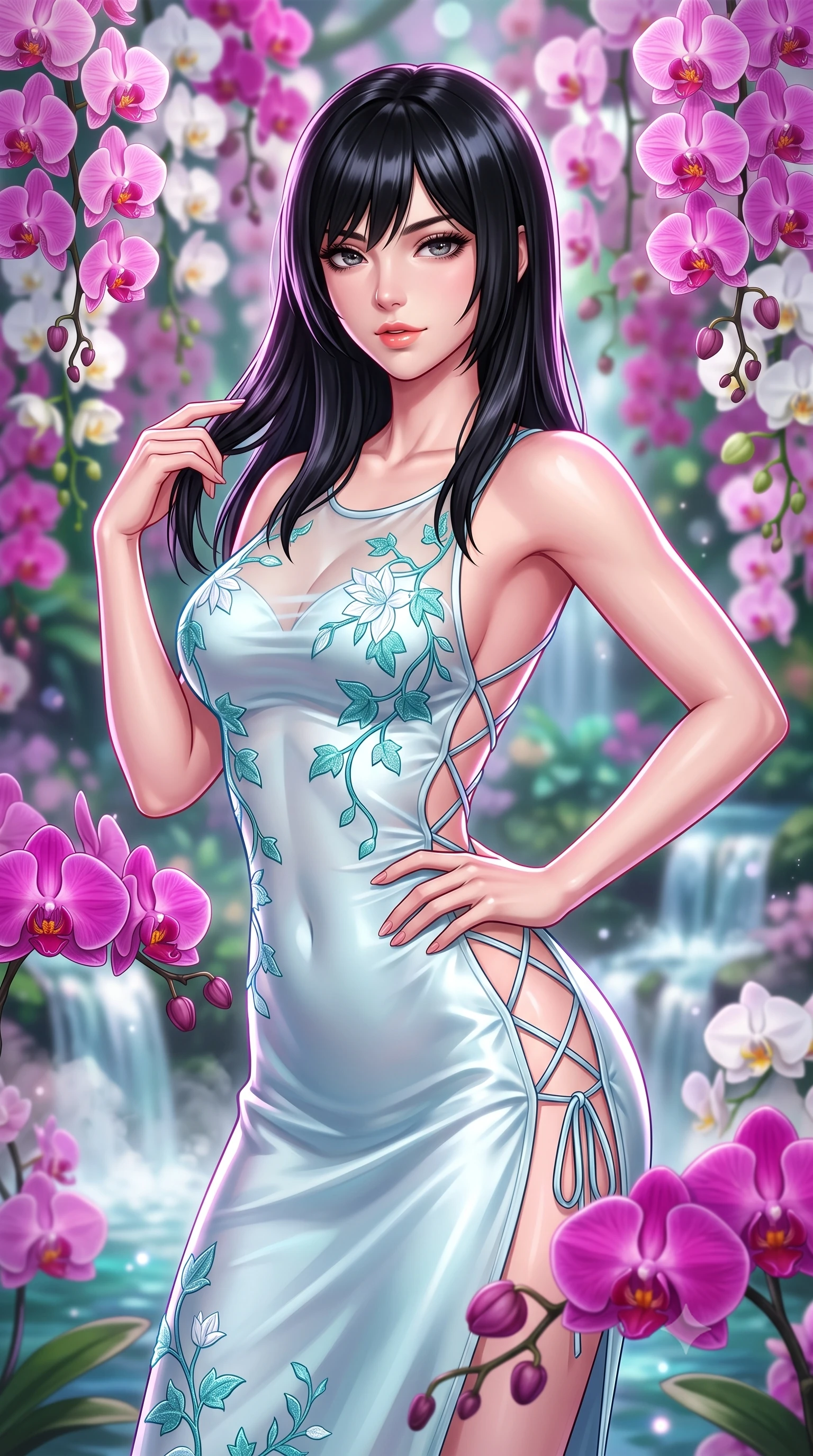 score_9, masterpiece, best quality, ultra-detailed, high-budget anime keyframe, semi-realistic 3D game render, editorial fashion photography, tasteful artistic composition, Caucasian woman. close-up cowboy shot from the waist and thighs up, the character dominates the composition, filling the frame with her large presence. twisting her slender torso in an alluring contrapposto stance, one hand resting on her sculpted hip while her fingers toy with her hair with effortless poise while twisting her slender torso in an alluring S-curve, exotic magenta orchids framing her sculpted flat midriff, waist, and curvy hips. The background shows a soft-focus hundreds of hanging pink, purple, and white phalaenopsis orchids, bubbling waterfalls, and rising steam blurred into magenta, emerald, and opal bokeh. She has an exceptionally elegant, slender, and willowy female figure with an ultra-slim waist, flat toned midriff, narrow ribcage, and sculpted feminine hips creating an alluring, slim hourglass silhouette without bulk. sharp v-shaped jawline, high-bridge nose, sparkling eyes with hypnotic seductive depth, thick curled eyelashes, glossy parted lips with a natural dewy peach sheen, alluring bedroom-eyes with an enchanting coquettish smile, exuding magnetic siren charisma and sophisticated glamour, flawlessly proportioned anatomical accuracy, strict slender model proportions, natural body alignment, perfectly sculpted long slender limbs, ultra-slim waistline, clean dynamic posture without body distortion. wearing a provocative sheer illusion mesh botanical dress with embroidered climbing ivy ribbons contouring her curves in celestial water-lily white and shimmering aquamarine, crafted from fluid liquid silk satin that clings smoothly to every curve with a dewy sheen, featuring fine criss-cross lace-up side ties revealing tantalizing glimpses of her hip curve, the precision-cut side openings and low-back scoop framing her graceful spine and the sensual sweep of her slim, toned hips. illuminated by waterfall spray reflection fill and sharp platinum-magenta rim lights defining her delicate clavicles, narrow waist, and curvy hips. highly saturated vibrant anime colors, detailed shading with soft gradients, rich glossy textures, high-contrast stereoscopic depth, volumetric dynamic lighting, master piece, 9:16 ratio