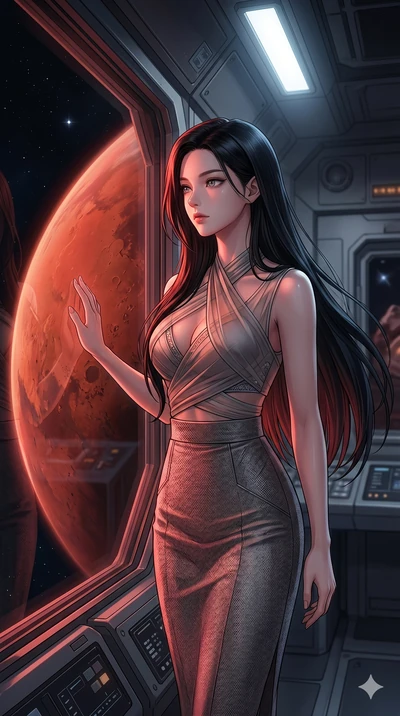 score_9, masterpiece, best quality, ultra-detailed, high-budget anime keyframe, Korean woman. Upper body close-up from the thighs up, character filling the screen for maximum presence. Standing on an orbital observation deck, looking at mars, resting