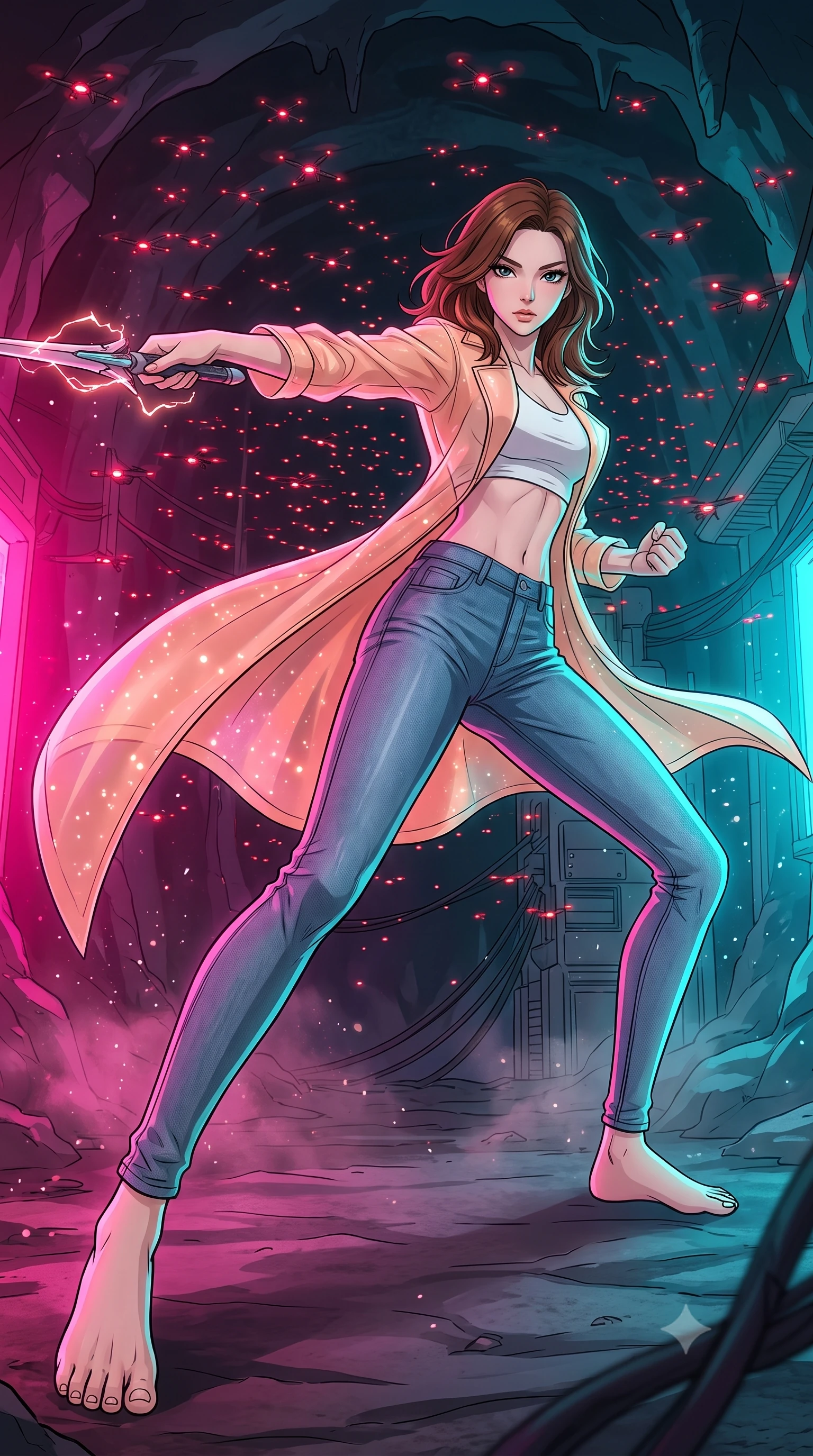 score_9, masterpiece, best quality, ultra-detailed, high-budget anime keyframe, clean line-art, cel-shading, Korean woman. low angle full-body shot from head to toe showing her feet, filling the entire 9:16 vertical frame with her statuesque presence, stretching her vertical silhouette. lunging forward with a piercing thrust, her entire silhouette stretched in action through a subterranean cavern converted into a drone launch facility, hundreds of small flying red lights swarming in the air. She has a statuesque 8.5-heads proportion, an exceptionally tall, slender and willowy model-like build with impossibly long legs and a highly sculpted ultra-slim waist. sharp v-shaped jawline, high-bridge nose, intricate jewel-like eyes with depth, thick eyelashes, glossy lips with a natural sheen. wearing catching and diffusing the glowing particles, shimmering softly in response to the surrounding light, a slim-fit sheer peach organza trench coat worn open over a white crop top and high-waisted raw denim jeans. dual-tone lighting with hot magenta from the left and cool cyan from the right. highly saturated vibrant anime colors, intense vivid color palette, volumetric dynamic lighting, 2k, ultra detail, master piece, 9:16 ratio