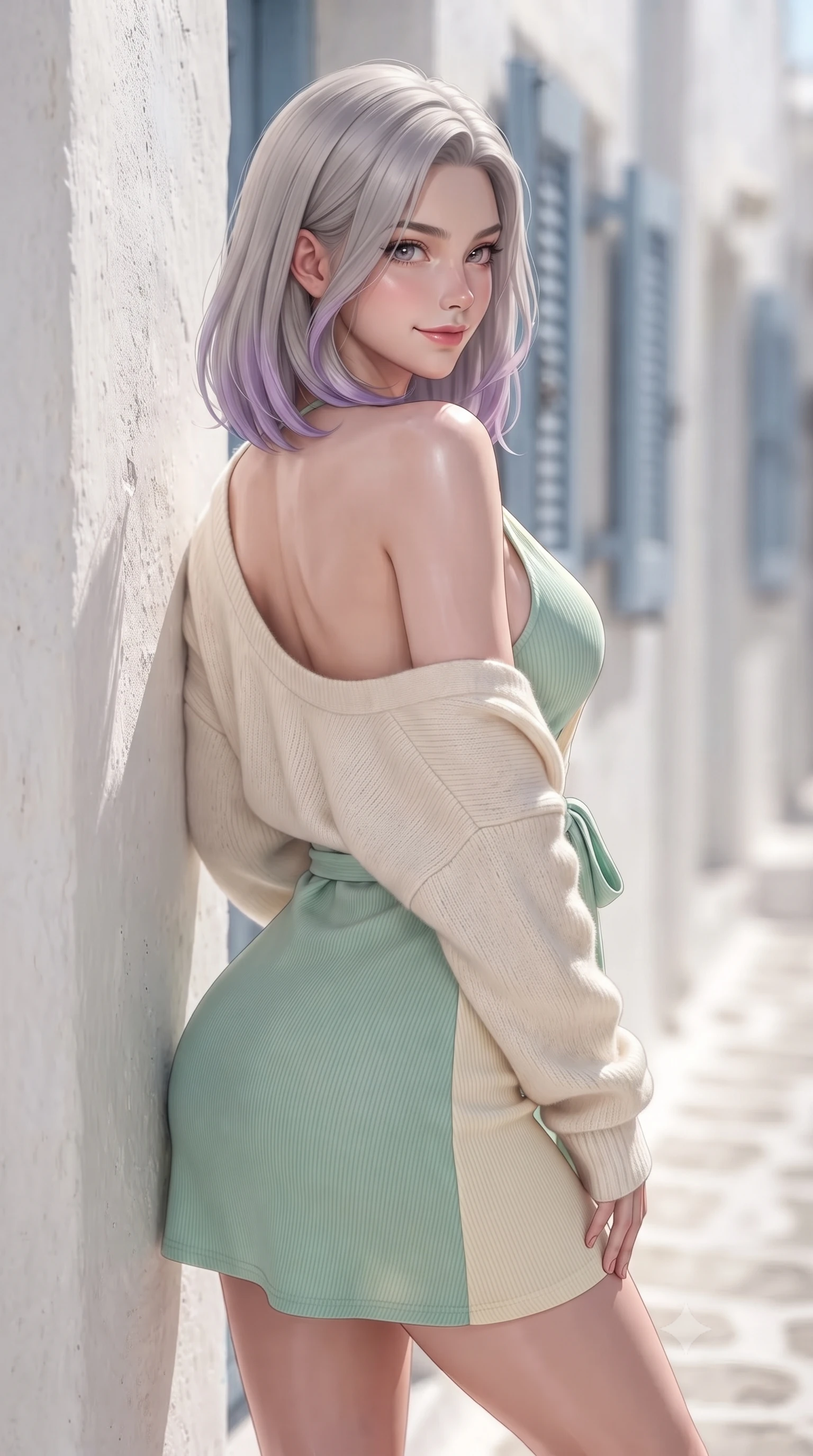 score_9, masterpiece, best quality, ultra-detailed, high-budget anime keyframe, editorial fashion photography, tasteful artistic composition, Caucasian woman. close-up cowboy shot from the waist and thighs up, the character dominates the composition, filling the frame with her large presence. posing in an alluring rear three-quarter angle, turning over a bare shoulder with an intoxicating cute smile, her hips cocked back to highlight her slim hourglass curve while leaning against the ancient chalk-white alley wall with hips cocked back, looking over a bare shoulder with playful, flirtatious bedroom-eyes. The composition keeps background elements in soft focus with dreamy creamy bokeh. quiet cobblestone alleys and blue wooden shutters softened in romantic Greek village shallow focus. She has an exceptionally elegant, slender, and willowy female figure with an ultra-slim waist, flat toned midriff, narrow ribcage, and sculpted feminine hips creating an alluring, slim hourglass silhouette without bulk. sharp v-shaped jawline, high-bridge nose, intricate jewel-like sparkling eyes with depth, thick eyelashes, glossy parted lips with a natural peach sheen, bright cheerful beaming smile with an enchanting and coquettish sensual glint, exuding both youthful cute charm and seductive allure, flawlessly proportioned anatomical accuracy, strict slender model proportions, natural body alignment, perfectly sculpted long slender limbs, ultra-slim waistline, clean dynamic posture without body distortion. wearing a breezy wrap mini dress with a deep V-neckline and tie-waist accentuating her sculpted flat midriff and hips in refreshing mint green and soft vanilla cream, formed from supple second-skin stretch ribbed knit clinging to her form, complemented by an oversized soft knit cardigan slipping off one bare shoulder, the precision-cut side openings and low-back scoop framing her graceful spine and the sensual sweep of her slim, toned hips. bathed in brilliant midday Mediterranean sunlight and luminous white wall bounce fill. ultra-reflective glossy finish, specular highlights, rich textural contrasts, high-contrast stereoscopic depth, volumetric dynamic lighting, 2k, ultra detail, master piece, 9:16 ratio