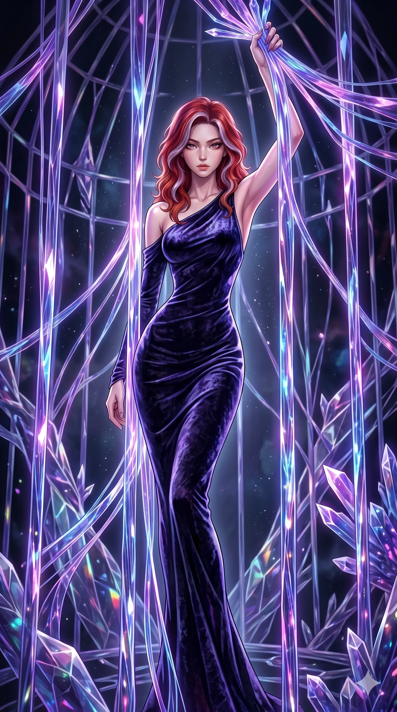 score_9, masterpiece, best quality, ultra-detailed, High-budget Anime Keyframe, East Asian woman. Dynamic full-body shot stretching the vertical silhouette to the limit. Scenario 132: Trapped in a cage of glowing crystalline fibers, body pressing against the bars. Her presence is magnetic and overpowering in this high-budget anime scene. Outfit 132: A crushed dark velvet second with a low-cut shoulder and tight-fitting silhouette. The clothing is designed to emphasize her exceptionally tall and slender 8-heads proportion. 8-heads proportion, towering silhouette, ultra-slim waist. sharp v-shaped jawline, intricate jewel-like eyes with depth, thick eyelashes, glossy lips. 2k, ultra detail, master piece, 9:16 ratio