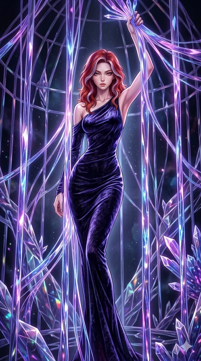 score_9, masterpiece, best quality, ultra-detailed, High-budget Anime Keyframe, East Asian woman. Dynamic full-body shot stretching the vertical silhouette to the limit. Scenario 132: Trapped in a cage of glowing crystalline fibers, body pressing aga