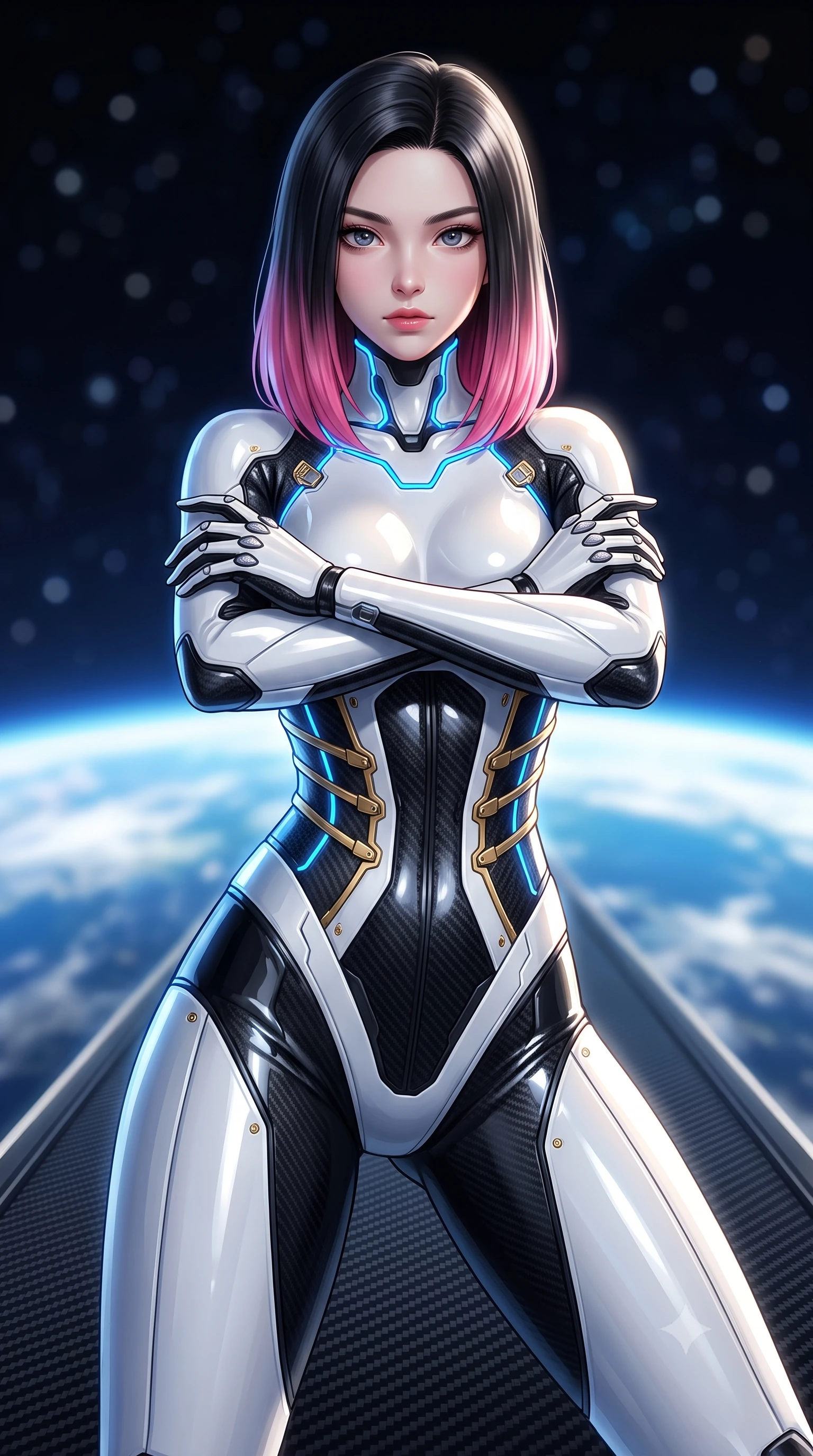 score_9, masterpiece, best quality, ultra-detailed, high-budget anime keyframe, semi-realistic 3D game render, editorial fashion photography, tasteful artistic composition, Korean woman. close-up cowboy shot from the waist and thighs up, the character dominates the composition, filling the frame with her large presence. shifting into a low cat-stance with arms crossed defensively, glowing energy conduits tracing her ultra-slim waist and sculpted clavicle while stretching her slender torso in an alluring S-curve on the carbon walkway with the curved horizon of Earth glowing below. The composition keeps background elements in soft focus with creamy bokeh. glowing blue horizon of planet Earth and deep starry space blurred into clean azure, white, and pitch-black bokeh. She has an exceptionally elegant, slender, and willowy female figure with an ultra-slim waist, a gracefully sculpted slender torso, toned flat midriff, and a refined slim silhouette. sharp v-shaped jawline, high-bridge nose, intricate jewel-like eyes with depth, thick eyelashes, glossy lips with a natural sheen, flawlessly proportioned anatomical accuracy, strict slender model proportions, natural body alignment, perfectly sculpted long slender limbs, ultra-slim waistline, clean dynamic posture without body distortion. wearing a precision-tailored high-fashion carbon-fiber corset bodysuit with gold mechanical rib boning and kinetic shock-dampening palms in monochrome white enamel carbon with high-contrast black panels, formed from high-gloss patent carbon-plating with specular chiaroscuro reflections, finished with high-mobility flexible limb seams and miniature magnetic armor locks, the glove-like aerodynamic second-skin fit tightly clinging to her ultra-slender waist and athletic curves without adding bulk, accentuating her razor-sharp statuesque lines and slim hourglass silhouette. bathed in dazzling high-noon orbital sunlight and rich blue Earth ambient bounce light. rich saturated anime colors with glowing neon highlights, detailed shading with soft gradients, rich glossy textures, high-contrast stereoscopic depth, volumetric dynamic lighting, master piece, 9:16 ratio