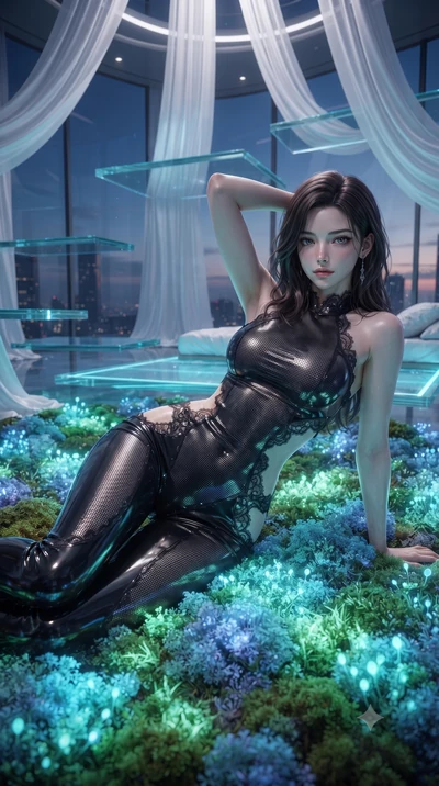 score_9, masterpiece, best quality, ultra-detailed, High-budget Anime Keyframe, editorial fashion photography, tasteful artistic composition, realistic cosplay photography, East Asian woman. Low angle cowboy shot filling the entire 9:16 frame with he