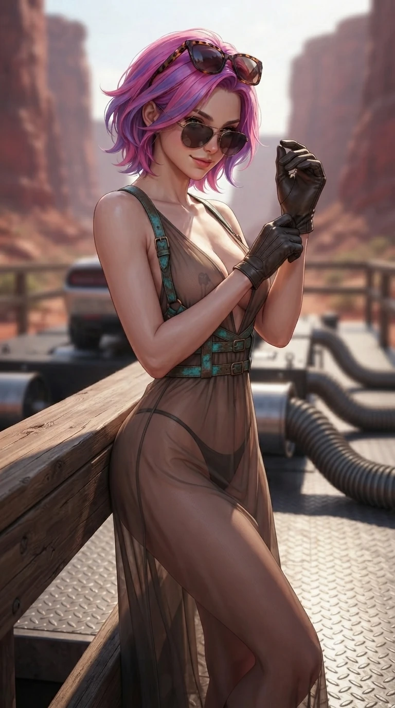 score_9, masterpiece, best quality, ultra-detailed, high-budget anime keyframe, editorial fashion photography, tasteful artistic composition, Caucasian woman. close-up cowboy shot from the waist and thighs up, the character dominates the composition, filling the frame with her large presence. leaning against the timber guardrail with hips cocked back, looking through dark sunglasses with an alluring, confident half-smile while standing poised on the steel diamond-plate platform, arching her lower back with sovereign supermodel grace while adjusting her leather gloves. The background shows a soft-focus chrome dyno roller drums, heavy-duty industrial exhaust hoses, and towering red canyon walls in the background blurred into steel, crimson, and copper bokeh. She has an exceptionally elegant, slender, and willowy female figure with an ultra-slim waist, flat toned midriff, narrow ribcage, and sculpted feminine hips creating an alluring, slim hourglass silhouette without bulk. sharp v-shaped jawline, high-bridge nose, sparkling eyes with hypnotic seductive depth, thick curled eyelashes, glossy parted lips with a natural dewy peach sheen, alluring bedroom-eyes with an enchanting coquettish smile, exuding magnetic siren charisma and sophisticated glamour, flawlessly proportioned anatomical accuracy, strict slender model proportions, natural body alignment, perfectly sculpted long slender limbs, ultra-slim waistline, clean dynamic posture without body distortion. wearing a plunge-front sheer illusion tulle slip dress with distressed leather harness straps contouring her spine in turquoise patina and burnished vintage brass, made of fluid liquid jersey with seamless sculpting hold and smooth contours, complemented by oversized designer tortoiseshell sunglasses resting atop her head, the form-contouring cut accentuating her sculpted flat midriff, narrow delicate ribcage, and gracefully curvy hips with intoxicating allure. bathed in late-afternoon angled sunbeams cutting across the steel platform with crisp specular reflections on chrome and skin. ultra-reflective glossy finish, specular highlights, rich textural contrasts, high-contrast stereoscopic depth, volumetric dynamic lighting, 2k, ultra detail, master piece, 9:16 ratio