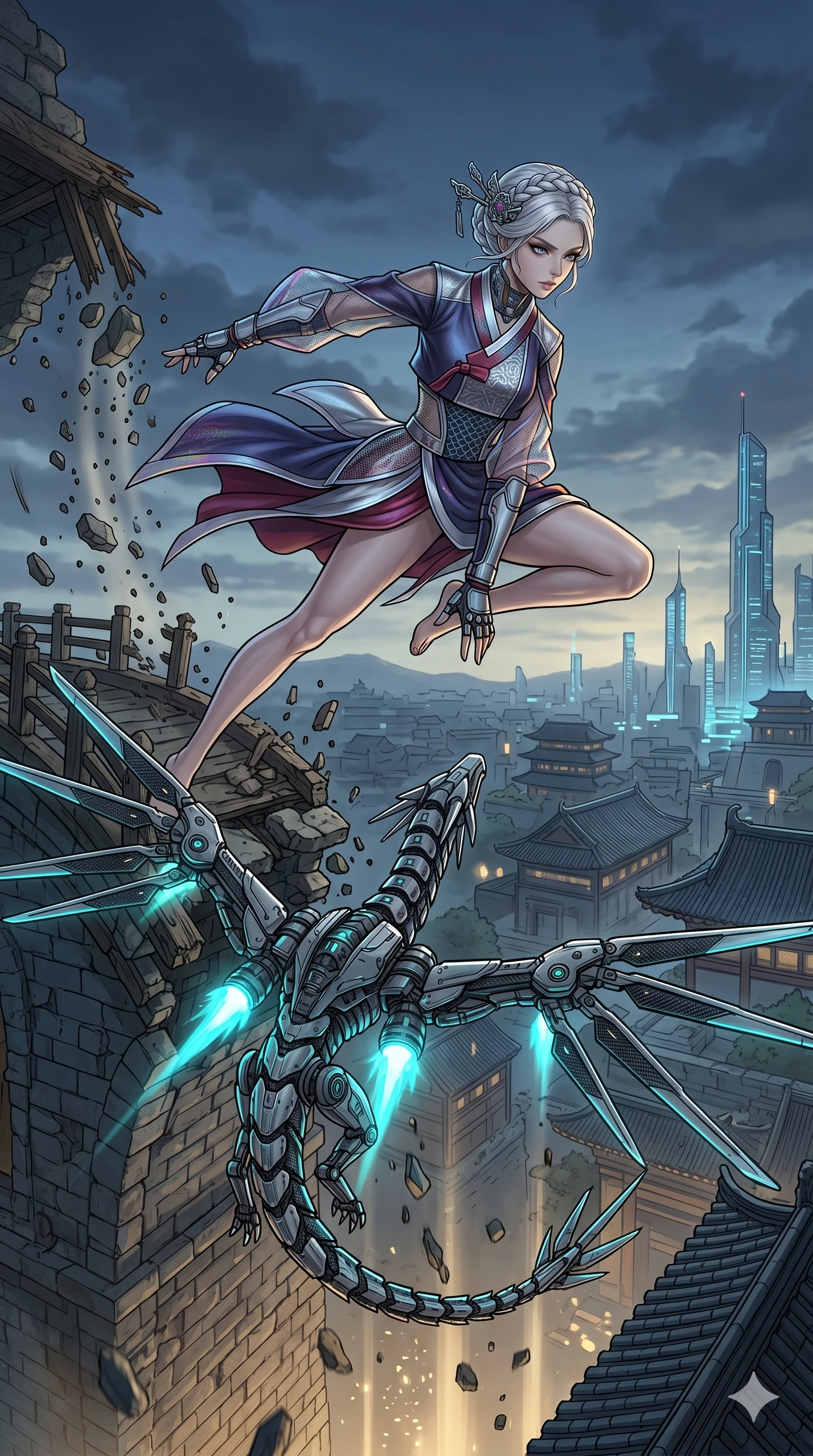 score_9, masterpiece, best quality, ultra-detailed, high-budget anime movie keyframe, cinematic anime lighting, intricate line art, Japanese woman. Low angle cowboy shot capturing a powerful motion and statuesque presence. leaping from a crumbling bridge onto a flying dragon-drone. She has an absolutely perfect 8-heads proportion, an exceptionally tall and slender female figure with graceful and slender proportions. strictly human anatomy, two legs only, no extra limbs, clearly defined legs and arms, perfect anatomy, perfect hands and fingers. sharp v-shaped jawline, high-bridge nose, intricate jewel-like eyes, thick eyelashes, glossy lips. Wearing Modern Traditional: Shortened cyber-hanbok with fusion silk robes and transparent panels. The scene is illuminated by dramatic atmospheric lighting and vibrant color palettes. , 2k, ultra detail, master piece, 9:16 ratio