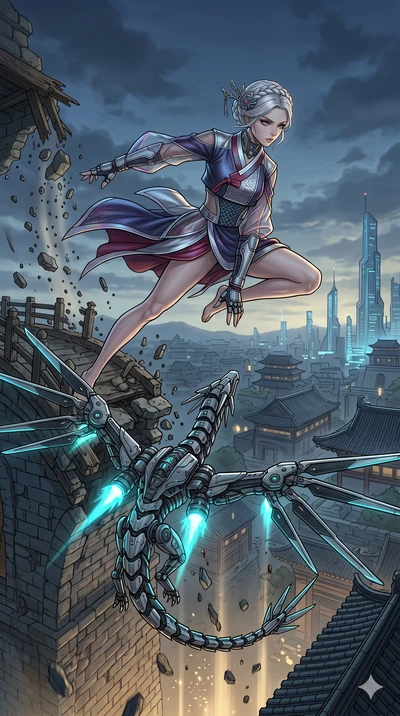 score_9, masterpiece, best quality, ultra-detailed, high-budget anime movie keyframe, cinematic anime lighting, intricate line art, Japanese woman. Low angle cowboy shot capturing a powerful motion and statuesque presence. leaping from a crumbling br