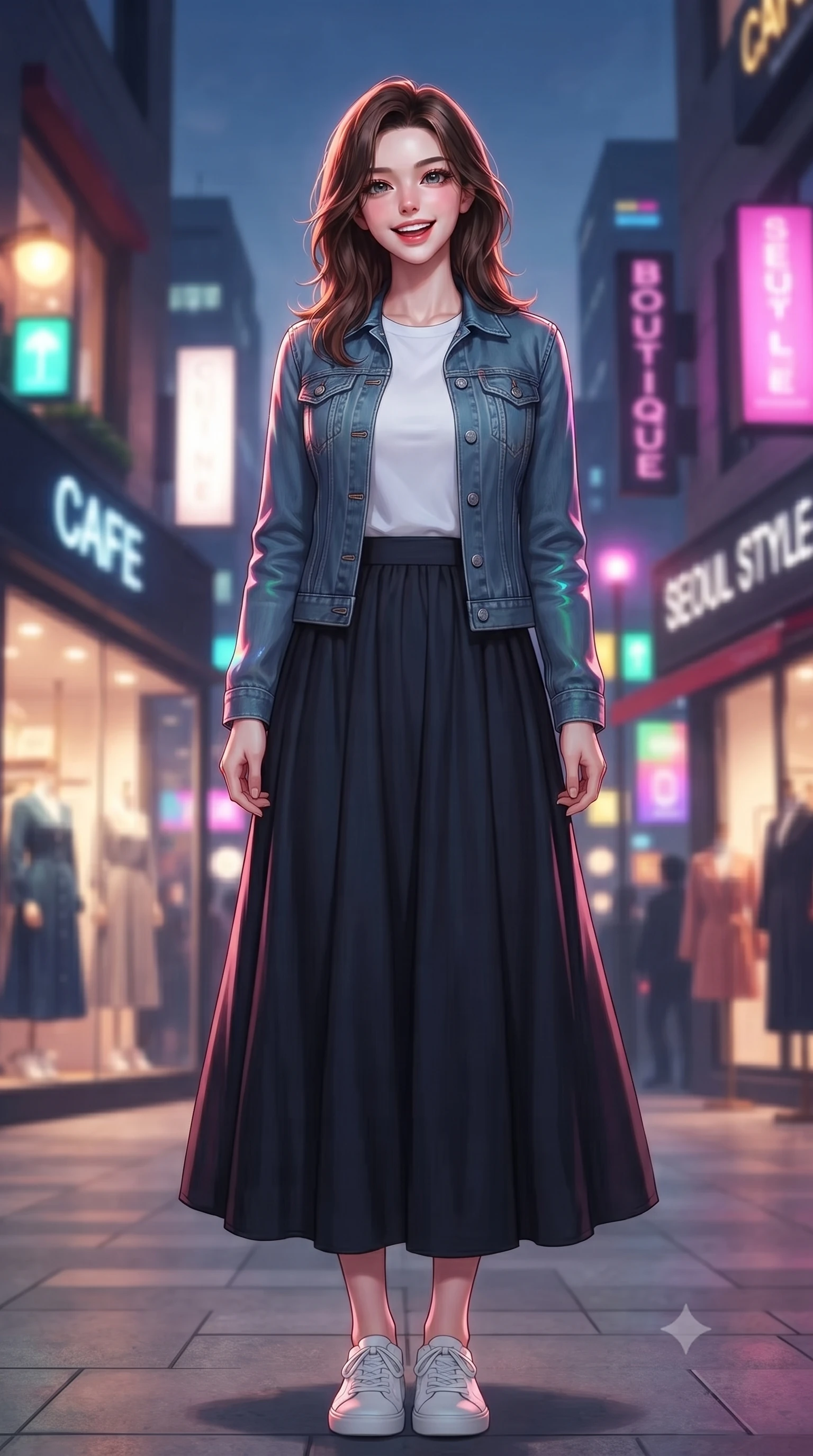 score_9, masterpiece, best quality, ultra-detailed, high-budget anime keyframe, editorial fashion photography, tasteful artistic composition, Korean woman. low angle full-body shot from head to toe showing her feet, filling the entire 9:16 vertical frame with her statuesque presence, stretching her vertical silhouette. standing with a cute, bright pose, tilting her head with a beaming smile set against a soft-focus background of in a trendy urban plaza filled with designer cafes and clothing boutiques with stylish shopping window displays showing chic clothes in soft focus behind her. She has an absolutely perfect, statuesque 8.5-heads proportion, an exceptionally tall and slender model-like female figure with impossibly long slender legs and an ultra-slim waist. sharp v-shaped jawline, high-bridge nose, intricate jewel-like eyes with depth, thick eyelashes, glossy lips with a natural sheen. wearing body-hugging casual denim jacket worn over a simple white tee and a long cotton skirt. vibrant streetlights and store signs casting dynamic highlights on her form. ultra-reflective glossy finish, specular highlights, metallic sheen, high-contrast stereoscopic depth, volumetric dynamic lighting, 2k, ultra detail, master piece, 9:16 ratio
