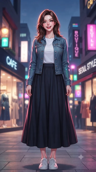 score_9, masterpiece, best quality, ultra-detailed, high-budget anime keyframe, editorial fashion photography, tasteful artistic composition, Korean woman. low angle full-body shot from head to toe showing her feet, filling the entire 9:16 vertical f