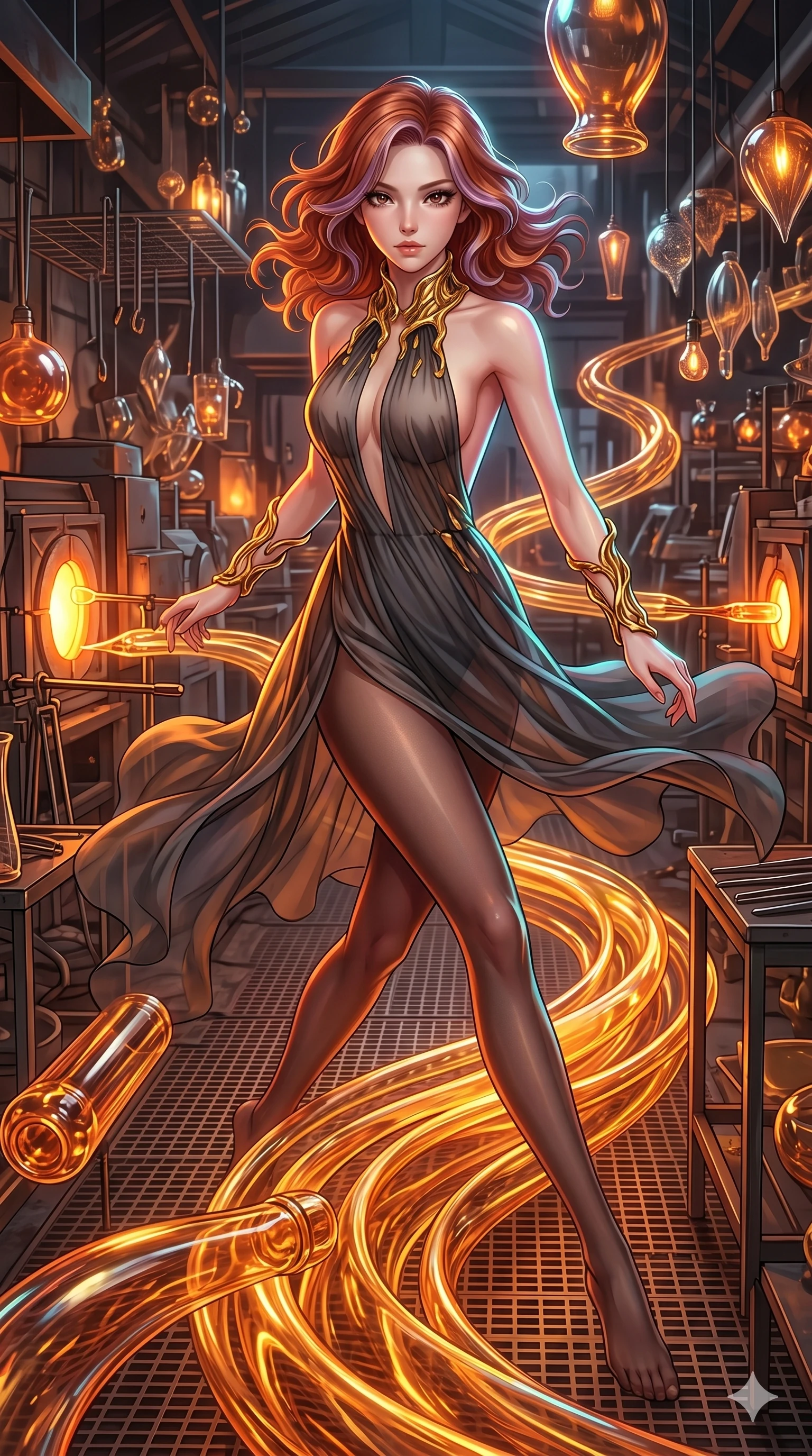score_9, masterpiece, best quality, ultra-detailed, high-budget anime keyframe, Japanese woman. upper body close-up from the thighs up, character filling the screen for maximum presence. bounding through a molten glass art studio where twisting, glowing amber glass tubes rotate like fluid rivers in a heated environment. She has an absolutely perfect 8-heads proportion, an exceptionally tall and slender female figure with impossibly long slender legs and an ultra-slim waist. V-shaped jawline, high-bridge nose, intricate jewel-like eyes with depth, thick eyelashes, glossy lips with a natural sheen.. wearing a molten gold and chiffon gown, featuring organic liquid gold collar and cuffs on a translucent charcoal-gray halter neck chiffon gown with a deep backless design. bathed in brilliant cinematic volumetric lighting and intense neon rim light highlighting her slender form. 2k, ultra detail, master piece, 9:16 ratio
