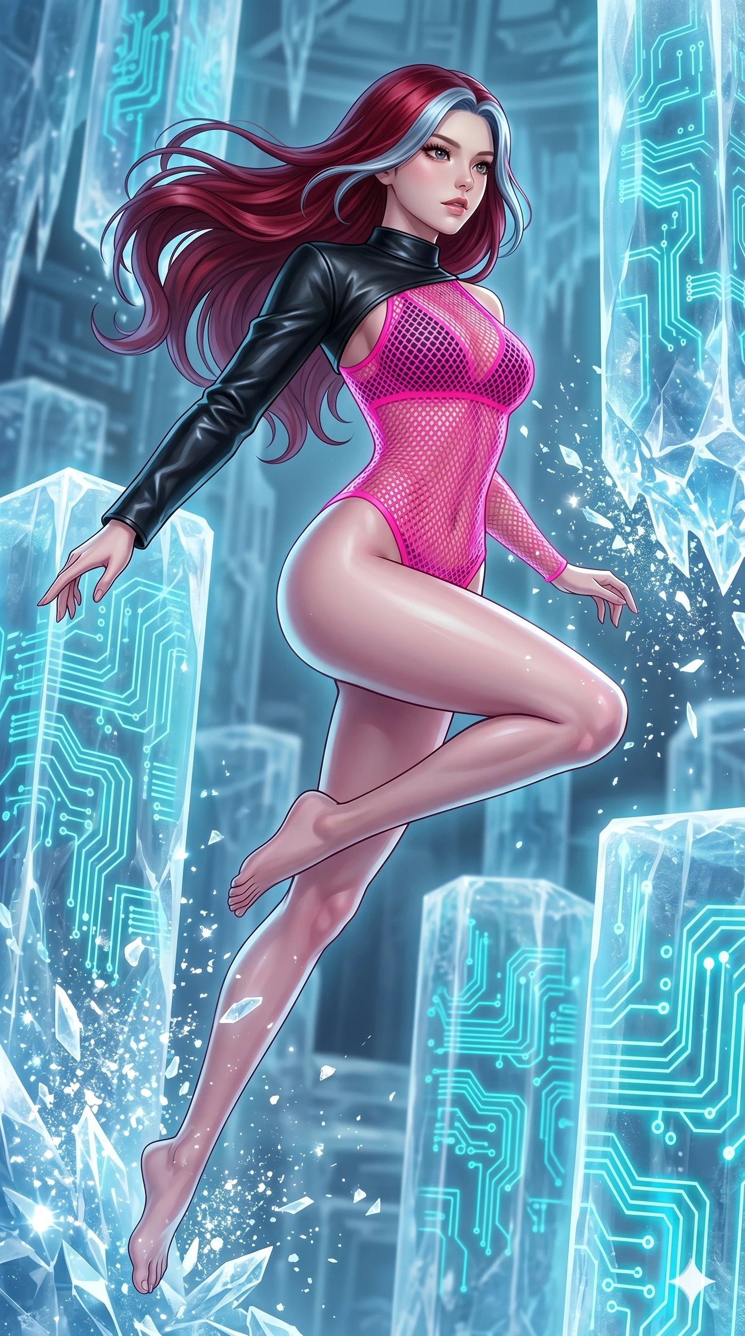 score_9, masterpiece, best quality, ultra-detailed, high-budget anime keyframe, Korean woman. upper body close-up from the thighs up, character filling the screen for maximum presence. leaping inside a sub-zero cybernetic ice temple, where glowing neon cyan computer circuit boards are frozen within transparent ice pillars, fracturing ice crystals into sparkles around her. She has an absolutely perfect 8-heads proportion, an exceptionally tall and slender female figure with impossibly long slender legs and an ultra-slim waist. V-shaped jawline, high-bridge nose, intricate jewel-like eyes with depth, thick eyelashes, glossy lips with a natural sheen.. wearing a fluorescent pink mesh bodysuit, styled with a cropped single-sleeve black leather shrug for a bold stage look. lit by a soft glowing ambient light and a sharp side key light that traces the sleek contours of her athletic build. 2k, ultra detail, master piece, 9:16 ratio