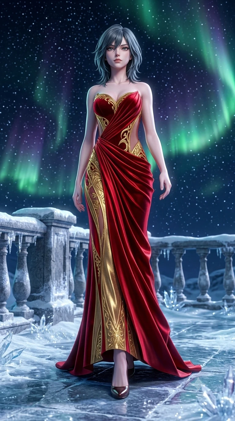 score_9, masterpiece, best quality, ultra-detailed, high-budget anime keyframe, semi-realistic 3D game render, editorial fashion photography, tasteful artistic composition, Caucasian woman. low angle full-body shot from head to toe showing her feet, filling the entire 9:16 vertical frame with her statuesque presence, stretching her vertical silhouette. stepping slowly toward the camera with hypnotic grace, hips swaying in an alluring sensual rhythm that accentuates her curvy hourglass silhouette and long slender legs while twisting her slender torso in an alluring S-curve, celestial green and violet auroral waves playing across her flat midriff and hourglass curves. The surrounding environment is rendered in vivid detail and crisp panoramic clarity: sharp translucent ice crystal facets, wind-sculpted snow rime on balustrades, and dense starfield points in deep focus. She has an exceptionally tall and slender model-like 8.5-heads proportion, an ultra-slim waist, a flat toned midriff, narrow delicate ribcage, and beautifully sculpted feminine hips creating a graceful, slim hourglass silhouette without any bulky heaviness, with impossibly long slender legs. sharp v-shaped jawline, high-bridge nose, intricate jewel-like sparkling eyes with depth, thick eyelashes, glossy parted lips with a natural peach sheen, bright cheerful beaming smile with an enchanting and coquettish sensual glint, exuding both youthful cute charm and seductive allure, flawlessly proportioned anatomical accuracy, strict slender model proportions, natural body alignment, perfectly sculpted long slender limbs, ultra-slim waistline, clean dynamic posture without body distortion. wearing an alluring plunging sweetheart bodice dress with sheer mesh side-waist cutouts contouring her ribs in royal opera crimson velvet and burnished gold, crafted from fluid liquid silk satin that clings smoothly to her narrow waist and rounded hips with a dewy sheen, accented with a chrome-drop body harness subtly framing her dewy collarbones and spine, the impeccably tailored cut draping gracefully along her slender figure with aristocratic poise. bathed in the natural undulating luminescence of polar auroras mixed with cool opera stage uplighting. highly saturated vibrant anime colors, detailed shading with soft gradients, rich glossy textures, high-contrast stereoscopic depth, volumetric dynamic lighting, master piece, 9:16 ratio