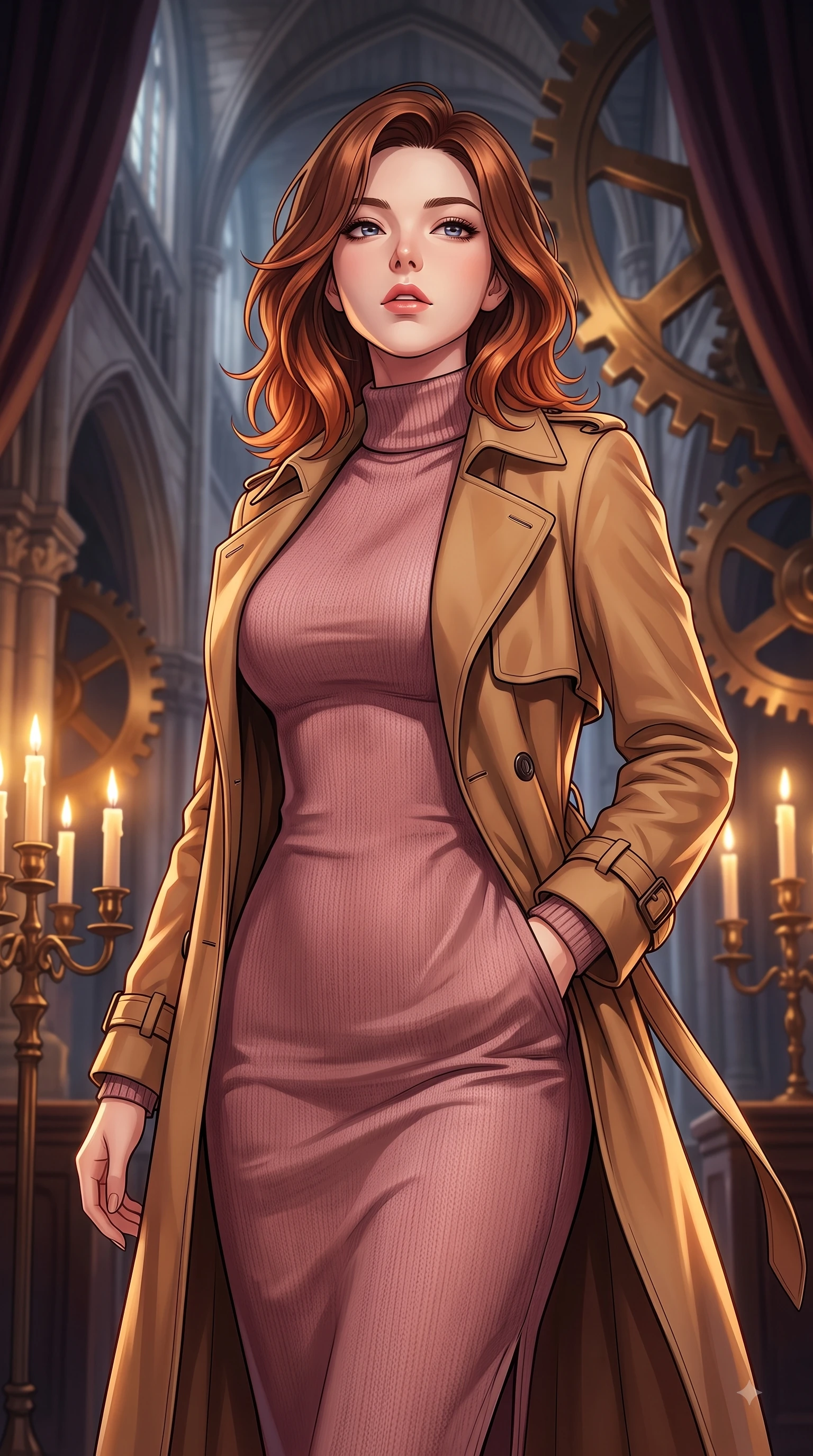 score_9, masterpiece, best quality, ultra-detailed, high-budget anime keyframe, editorial fashion photography, tasteful artistic composition, Korean woman woman. close-up cowboy shot from the waist and thighs up, the character dominates the composition, filling the frame with her large presence, background elements kept in soft focus. She has an exceptionally elegant, slender, and willowy female figure with an ultra-slim waist, a gracefully sculpted slender torso, and a refined silhouette. tilting her chin up slightly with lips parted in a composed and alluring expression, flawlessly proportioned anatomical accuracy, natural body alignment, perfectly sculpted elegant limbs, clean dynamic posture without body distortion. set against a soft-focus background of a high space cathedral nave with rotating bronze gears and velvet drapes. wearing a classic tailored trench coat over a high-neck dusty rose knit midi dress. bathed in dramatic chiaroscuro key light with flickering golden candlelight. highly saturated vibrant anime colors, detailed shading with soft gradients, rich glossy textures, high-contrast stereoscopic depth, volumetric dynamic lighting, master piece, 9:16 ratio