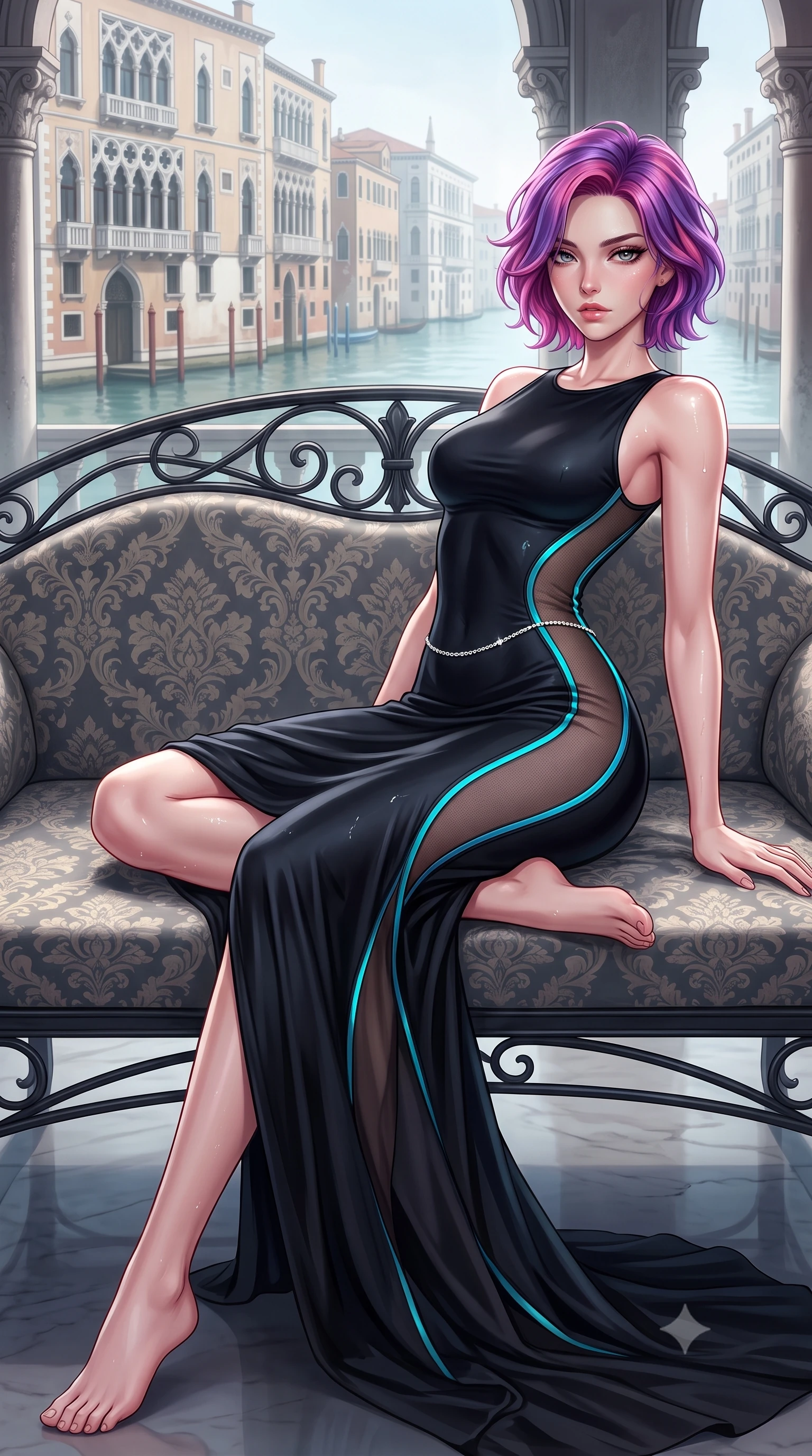 score_9, masterpiece, best quality, ultra-detailed, high-budget anime keyframe, semi-realistic 3D game render, editorial fashion photography, tasteful artistic composition, Caucasian woman. low angle full-body shot from head to toe showing her feet, filling the entire 9:16 vertical frame with her statuesque presence, stretching her vertical silhouette. reclining on her side in an elegant Cleopatra pose with one knee drawn up, the dramatic contour of her rounded hips and long slender legs commanding the 9:16 vertical frame while lounging languidly across a damask-upholstered wrought-iron settee, her flat midriff and feminine hips bathed in soft Venetian dawn light. The surrounding environment is rendered in vivid detail and crisp panoramic clarity. detailed lace gown drape folds, morning mist droplets on skin, and Grand Canal architectural clarity in high resolution. She has an exceptionally tall and slender model-like 8.5-heads proportion, an ultra-slim waist, a flat toned midriff, narrow delicate ribcage, and beautifully sculpted feminine hips creating a graceful, slim hourglass silhouette without any bulky heaviness, with impossibly long slender legs. sharp v-shaped jawline, high-bridge nose, intricate jewel-like eyes with depth, thick eyelashes, glossy parted lips with a natural sheen, intensely captivating and seductive bedroom-eyes expression, flawlessly proportioned anatomical accuracy, strict slender model proportions, natural body alignment, perfectly sculpted long slender limbs, ultra-slim waistline, clean dynamic posture without body distortion. wearing a second-skin black silk jersey maxi dress with asymmetrical sheer mesh side panels tracing the full curve of her hip in neon electric cyan and lacquer black, tailored from water-resistant treated wool gabardine and flexible stretch silk, accented with a dainty diamond waist chain catching the ambient light reflections, the form-contouring material adhering flawlessly to her sculpted flat midriff and slender torso, emphasizing her long leg lines and perfectly proportioned willowy build. illuminated by soft specular water glints carving her razor-sharp jawline, narrow waist, and curvy hips. highly saturated vibrant anime colors, detailed shading with soft gradients, rich glossy textures, high-contrast stereoscopic depth, volumetric dynamic lighting, master piece, 9:16 ratio