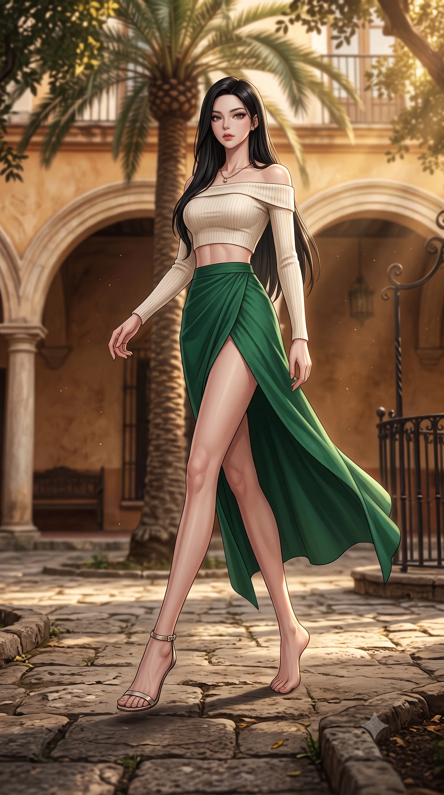score_9, masterpiece, best quality, ultra-detailed, high-budget anime keyframe, editorial fashion photography, tasteful artistic composition, Korean woman woman. low angle full-body shot from head to toe showing her feet, filling the entire 9:16 vertical frame with her statuesque presence, stretching her vertical silhouette. stepping gracefully across a stone path in the garden the background shows a soft-focus a courtyard of an old Spanish hacienda with a large arched corridor and central palm tree. She has an absolutely perfect, statuesque 8.5-heads proportion, an exceptionally tall and slender model-like female figure with impossibly long slender legs and an ultra-slim waist. sharp v-shaped jawline, high-bridge nose, intricate jewel-like eyes with depth, thick eyelashes, glossy lips with a natural sheen. wearing a slim-fit cropped off-shoulder knit top in cream paired with a high-slit wrap skirt in emerald green. warm afternoon sunbeams creating a peaceful, historical atmosphere. 2k, ultra detail, master piece, 9:16 ratio