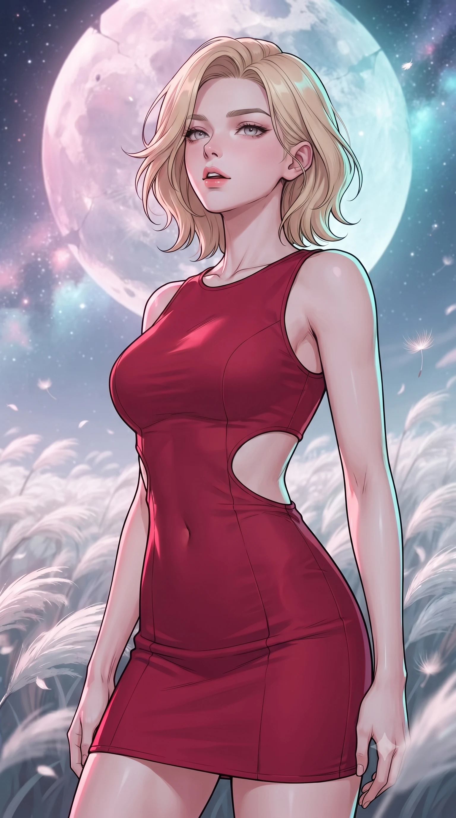 score_9, masterpiece, best quality, ultra-detailed, high-budget anime keyframe, gorgeous anime illustration, with clean line-art and distinct ink outlines, Caucasian woman, strictly human ears. close-up cowboy shot from the waist and thighs up, the character dominates the composition, filling the frame with her large presence, background elements kept in soft focus. Tilting her chin up slightly with lips parted in a composed expression. set against a soft-focus background of a vast field of silver feather-grass swaying like waves under a sky dominated by a giant, shattered pastel moon, soft white seeds floating in the air. She has an exceptionally elegant and slender, willowy female figure with an ultra-slim waist, a gracefully sculpted slender torso, and a refined slim physique. sharp v-shaped jawline, high-bridge nose, intricate jewel-like eyes with depth, thick eyelashes, glossy lips with a natural sheen. wearing a structured bodycon dress in crimson red with strategic curved cutouts at the sides of the waist. starlight and nebula glow casting soft cosmic pink and cyan highlights on her form. 2k, ultra detail, master piece, 9:16 ratio, vibrant anime color palette, detailed cel-shading with soft gradients, rich contrast, dynamic lighting, 2d animation style
