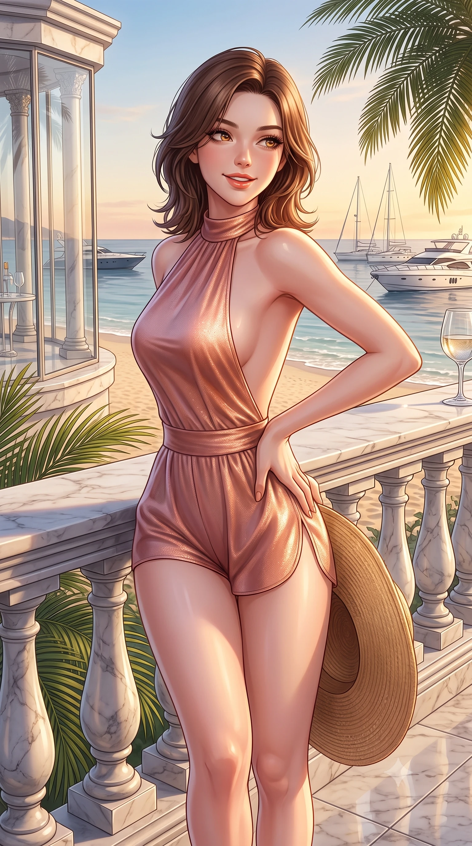 score_9, masterpiece, best quality, ultra-detailed, high-budget anime keyframe, semi-realistic 3D game render, editorial fashion photography, tasteful artistic composition, Korean woman. close-up cowboy shot from the waist and thighs up, the character dominates the composition, filling the frame with her large presence. twisting her slender torso in an alluring contrapposto stance, one hand resting on her sculpted hip while flashing a charming, playful smile with parted glossy lips while leaning against the classical stone balustrade with hips cocked back, casting an alluring bedroom-gaze over the sandy beach and anchored yachts. The surrounding environment is rendered in vivid detail and crisp panoramic clarity. sharp carved marble terrace balusters, palm frond ribs, and crystal glass clarity in deep focus. She has an exceptionally elegant, slender, and willowy female figure with an ultra-slim waist, flat toned midriff, narrow ribcage, and sculpted feminine hips creating an alluring, slim hourglass silhouette without bulk. sharp v-shaped jawline, high-bridge nose, sparkling amber-hazel eyes with depth, long lush eyelashes, glossy sun-kissed lips with a warm coral glaze, radiant teasing smile with sensual sunlit bedroom-eyes, exuding effortless old-money elegance and intoxicating sun-drenched allure, flawlessly proportioned anatomical accuracy, strict slender model proportions, natural body alignment, perfectly sculpted long slender limbs, ultra-slim waistline, clean dynamic posture without body distortion. wearing a modern tailored silk halter romper with high-cut leg openings and an open back in soft dusty rose and molten copper shimmer, woven from delicate metallic lurex thread catching the golden hour sunbeams, complemented by a wide-brim straw sunhat held casually behind her back, the form-contouring cut accentuating her sculpted flat midriff, narrow delicate ribcage, and gracefully curvy hips with sun-drenched supermodel elegance. illuminated by grand marble terrace bounce and sharp platinum rim lights sculpting her razor-sharp jawline, narrow waist, and curvy hips. highly saturated vibrant anime colors, detailed shading with soft gradients, rich glossy textures, high-contrast stereoscopic depth, volumetric dynamic lighting, master piece, 9:16 ratio