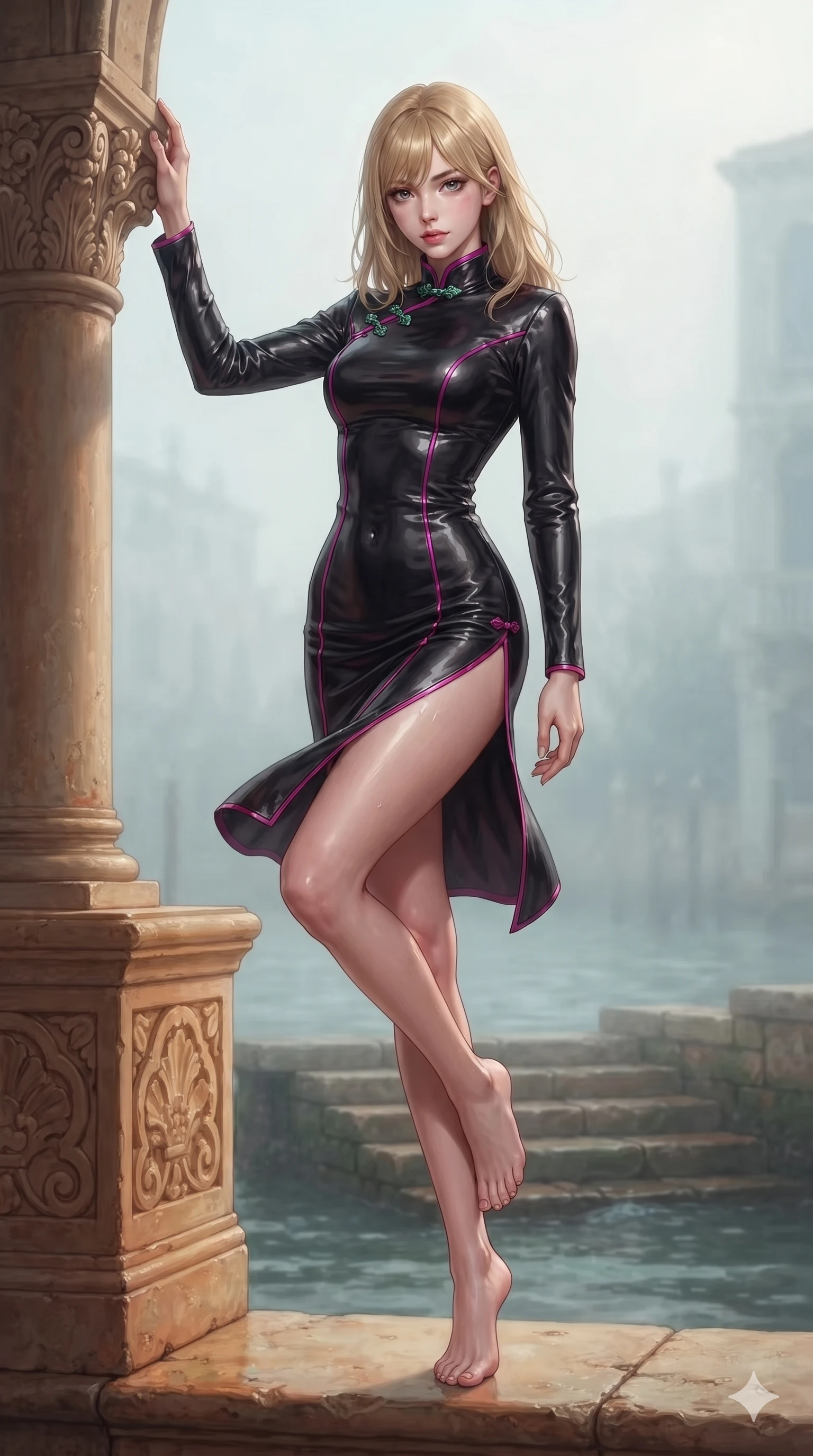 score_9, masterpiece, best quality, ultra-detailed, high-budget anime keyframe, editorial fashion photography, tasteful artistic composition, Japanese woman. low angle full-body shot from head to toe showing her feet, filling the entire 9:16 vertical frame with her statuesque presence, stretching her vertical silhouette. standing tall beside the carved palazzo column, one hand resting high while arching her lower back to emphasize her sculpted feminine hips and slender waist while perching gracefully on the warm stone parapet with legs crossed, her wind-fluttered dress revealing a tantalizing glimpse of her long slender leg. The background shows a soft-focus Venetian lagoon sea-mist softened in private water-gate landing shallow focus. She has an exceptionally tall and slender model-like 8.5-heads proportion, an ultra-slim waist, a flat toned midriff, narrow delicate ribcage, and beautifully sculpted feminine hips creating a graceful, slim hourglass silhouette without any bulky heaviness, with impossibly long slender legs. sharp v-shaped jawline, high-bridge nose, intricate jewel-like sparkling eyes with depth, thick eyelashes, glossy parted lips with a natural sheen, intensely captivating and seductive bedroom-eyes expression, exuding both youthful cute charm and sovereign luxury allure, flawlessly proportioned anatomical accuracy, strict slender model proportions, natural body alignment, perfectly sculpted long slender limbs, ultra-slim waistline, clean dynamic posture without body distortion. wearing a glove-like stretch lambskin leather sheath dress accentuating her ultra-slim waistline without bulk in black lacquer and vibrant magenta neon, woven from buttery-soft stretch lambskin leather adhering to her body like a second skin, finished with sleek jade frog closures glinting along her high collar, the bespoke structured tailoring following the natural line of her 8.5-heads silhouette with refined elegance. bathed in the diffuse, painterly morning glow of Venetian lagoon light filtering through thin sea mist. ultra-reflective glossy finish, specular highlights, rich textural contrasts, high-contrast stereoscopic depth, volumetric dynamic lighting, 2k, ultra detail, master piece, 9:16 ratio