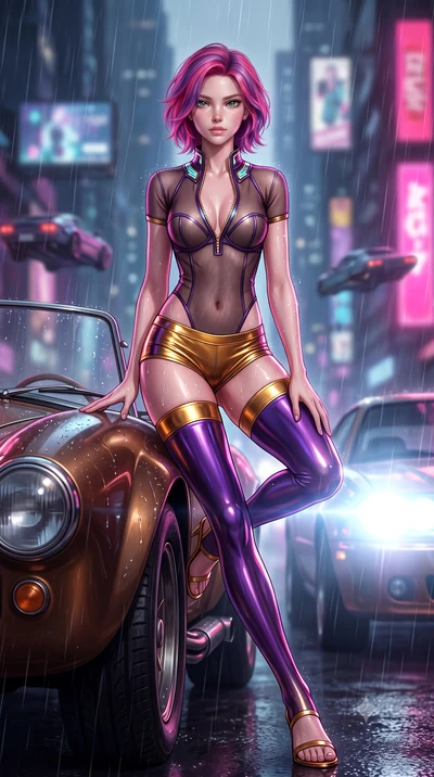 score_9, masterpiece, best quality, ultra-detailed, high-budget anime keyframe, semi-realistic 3D game render, editorial fashion photography, tasteful artistic composition, Caucasian woman. low angle full-body shot from head to toe showing her feet, 