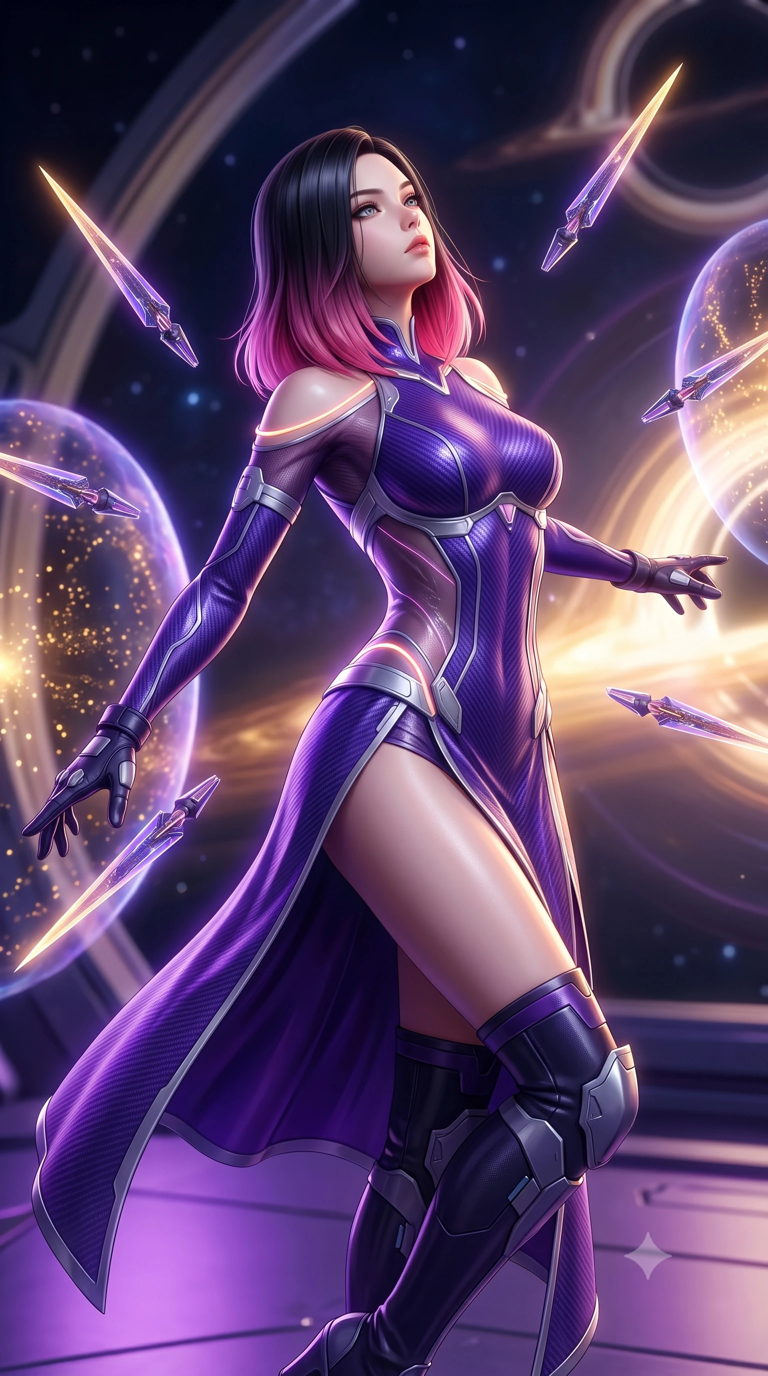 score_9, masterpiece, best quality, ultra-detailed, high-budget anime keyframe, semi-realistic 3D game render, editorial fashion photography, tasteful artistic composition, Korean woman. close-up cowboy shot from the waist and thighs up, the character dominates the composition, filling the frame with her large presence. tilting her head back with serene regal elegance, her sharp jawline and sculpted collarbones highlighted by glowing weapon energy reflections while pivoting dynamically in zero-gravity with arms outstretched as the translucent energy shields pulse with golden particle light. The composition keeps background elements in soft focus with creamy bokeh. gravitational containment rings and starship bridge architecture softened in smooth cosmic depth. She has an exceptionally elegant, slender, and willowy female figure with an ultra-slim waist, a gracefully sculpted slender torso, toned flat midriff, and a refined slim silhouette. sharp v-shaped jawline, high-bridge nose, intricate jewel-like eyes with depth, thick eyelashes, glossy lips with a natural sheen, flawlessly proportioned anatomical accuracy, strict slender model proportions, natural body alignment, perfectly sculpted long slender limbs, ultra-slim waistline, clean dynamic posture without body distortion. wearing a precision-fitted royal purple carbon-fiber battle-dress with high-slit tactical skirt and silver accents, directing eight floating nano-crystal funnel blades with sovereign gestures in monochrome white enamel carbon with high-contrast black panels, crafted from semi-translucent cybernetic carbon-vinyl interwoven with glowing micro-filaments, accented with glowing fiber-optic conduits tracing her collarbones and hip curves, the sleek second-skin cut tightly hugging her graceful clavicle, narrow waist, and feminine curves with athletic precision. bathed in radiant golden singularity accretion glow and saturated violet gravitational field uplights. rich saturated anime colors with glowing neon highlights, detailed shading with soft gradients, rich glossy textures, high-contrast stereoscopic depth, volumetric dynamic lighting, master piece, 9:16 ratio