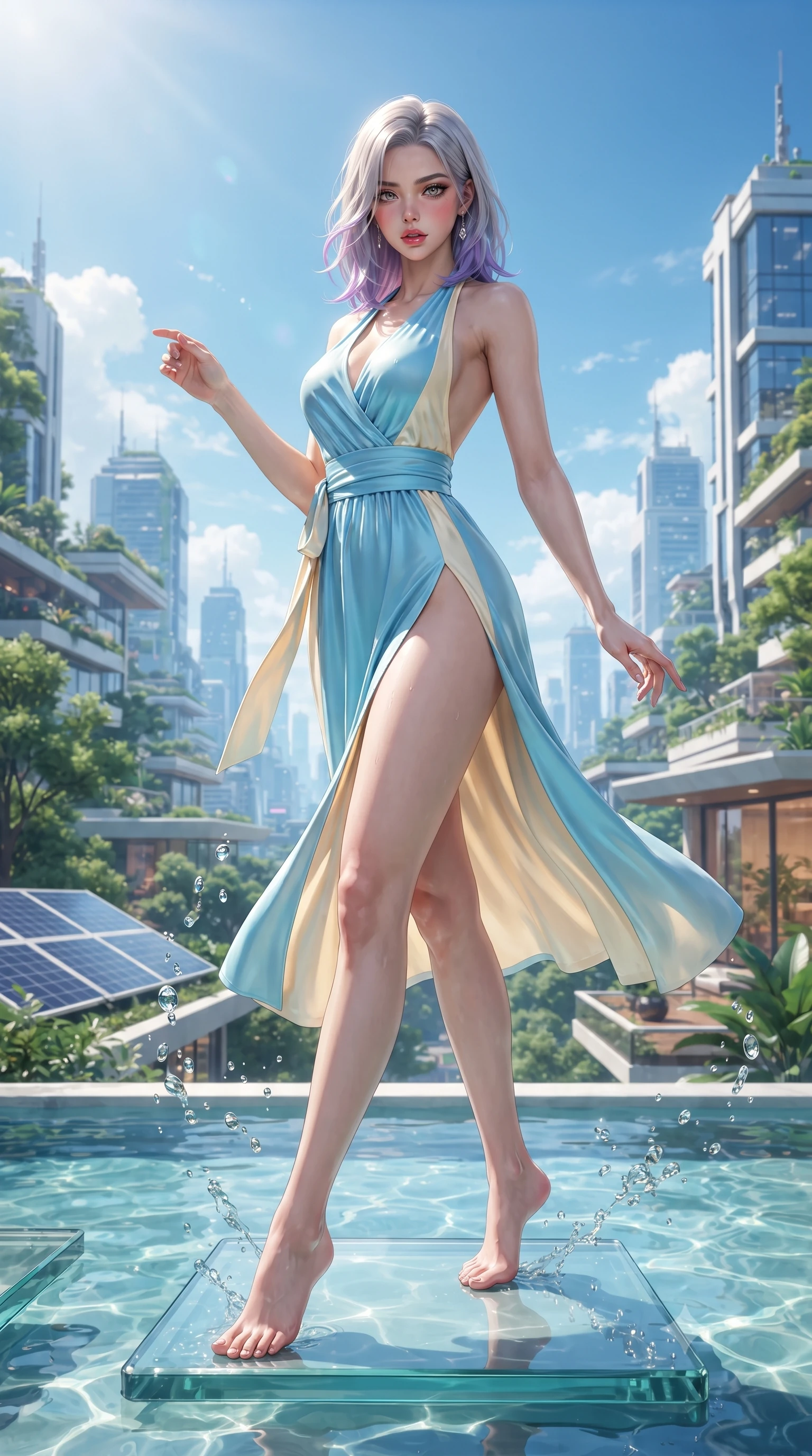 score_9, masterpiece, best quality, ultra-detailed, high-budget anime keyframe, editorial fashion photography, tasteful artistic composition, Caucasian woman. low angle full-body shot from head to toe showing her feet, filling the entire 9:16 vertical frame with her statuesque presence, stretching her vertical silhouette. pivoting dynamically with supreme athletic balance, her impossibly long slender legs and ultra-slim waist creating a mesmerizing vertical line while standing poised on a floating glass stepping stone above the emerald biosphere, displaying her flawless slender proportions. The surrounding environment is rendered in vivid detail and crisp panoramic clarity. detailed sky-high metropolis greenery, architectural solar panels, and water droplets in high clarity. She has an absolutely perfect, statuesque 8.5-heads proportion, an exceptionally tall and slender model-like female figure with impossibly long slender legs, a toned flat midriff, and an ultra-slim waist. sharp v-shaped jawline, high-bridge nose, intricate jewel-like eyes with depth, thick eyelashes, glossy parted lips with a natural sheen, intensely captivating and seductive expression, flawlessly proportioned anatomical accuracy, strict slender model proportions, natural body alignment, perfectly sculpted long slender limbs, ultra-slim waistline, clean dynamic posture without body distortion. wearing a sun-drenched halter wrap dress with a daring open back and breezy high side slit in sky azure and soft sunlight cream, made of liquid bamboo jersey adhering seamlessly to her slender frame, accented with a wide sash belt cinching her impossibly narrow waist, the relaxed yet flattering fit accentuating her naturally graceful and slender figure, highlighting her tall statuesque proportions. bathed in midday azure skylight and shimmering pool water caustic bounce lights. ultra-reflective glossy finish, specular highlights, rich textural contrasts, high-contrast stereoscopic depth, volumetric dynamic lighting, 2k, ultra detail, master piece, 9:16 ratio