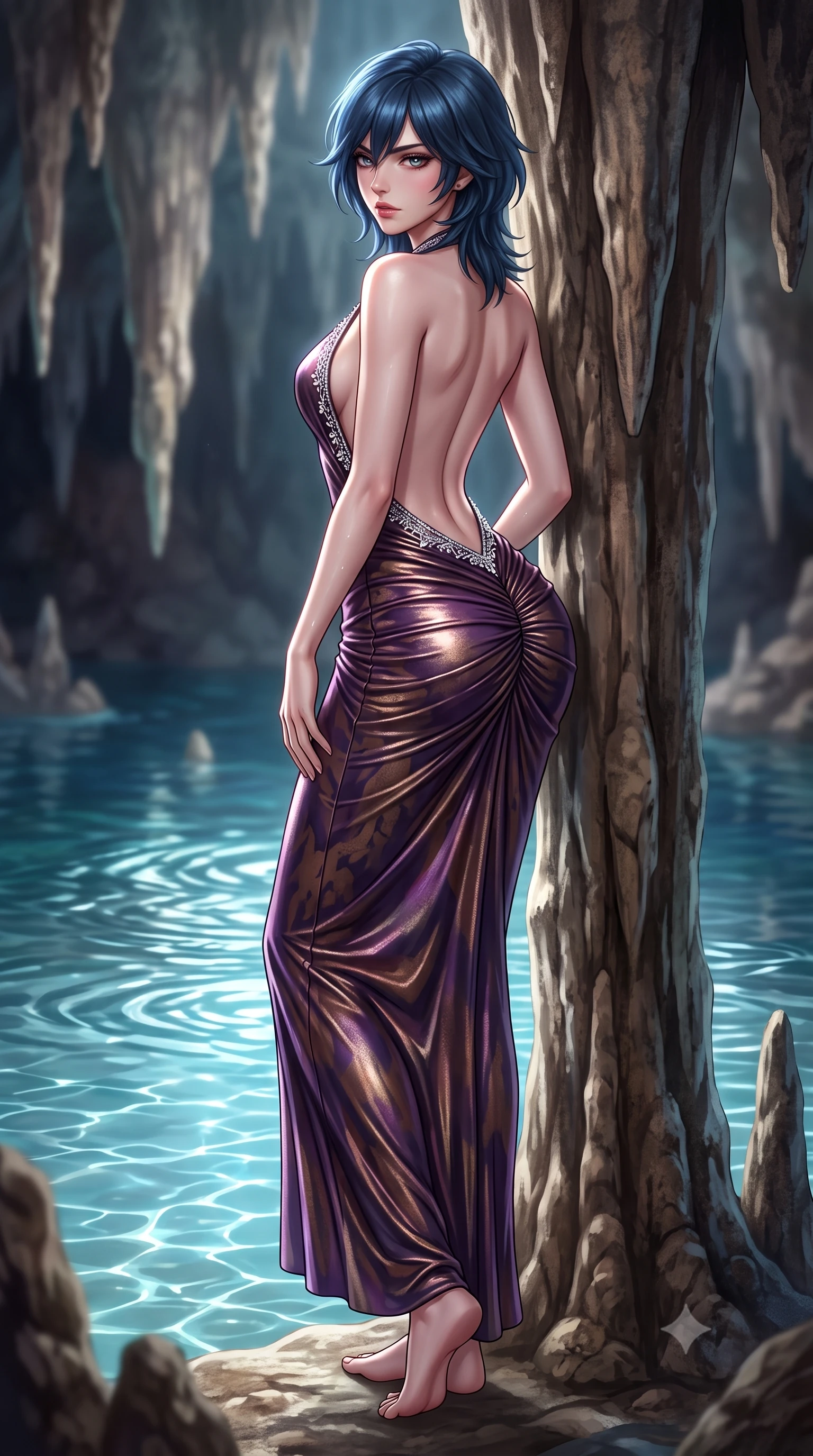 score_9, masterpiece, best quality, ultra-detailed, high-budget anime keyframe, semi-realistic 3D game render, editorial fashion photography, tasteful artistic composition, Caucasian woman. low angle full-body shot from head to toe showing her feet, filling the entire 9:16 vertical frame with her statuesque presence, stretching her vertical silhouette. posing with back turned slightly to the lens, glancing back with smoldering allure as she arches her lower back to emphasize her sculpted feminine hips and slender waist while leaning against a stalactite rock pillar with hips cocked back, looking over her shoulder with an enchanted, seductive fairy-tale bedroom-gaze. The composition keeps background elements in soft focus with creamy bokeh. hanging stalactites and wave ripples on the underground lake softened in mystical Wagnerian shallow focus. She has an exceptionally tall and slender model-like 8.5-heads proportion, an ultra-slim waist, a flat toned midriff, narrow delicate ribcage, and beautifully sculpted feminine hips creating a graceful, slim hourglass silhouette without any bulky heaviness, with impossibly long slender legs. sharp v-shaped jawline, high-bridge nose, intricate jewel-like eyes with depth, thick eyelashes, glossy parted lips with a natural sheen, intensely captivating and seductive bedroom-eyes expression, flawlessly proportioned anatomical accuracy, strict slender model proportions, natural body alignment, perfectly sculpted long slender limbs, ultra-slim waistline, clean dynamic posture without body distortion. wearing a plunging halter-neck metallic lamé column dress with a dramatic bare spine and hip-defining ruching in deep plum violet and antique bronze, tailored from liquid silk jersey adhering flawlessly to her slender build, finished with delicate crystal frost embroidery tracing the plunging neckline, the dramatically scooped open back descending to the base of her spine, accentuating her razor-sharp statuesque lines and slim hourglass silhouette. illuminated by shimmering pool water caustics sharply sculpting her razor-sharp jawline, narrow waist, and curvy hips. highly saturated vibrant anime colors, detailed shading with soft gradients, rich glossy textures, high-contrast stereoscopic depth, volumetric dynamic lighting, master piece, 9:16 ratio
