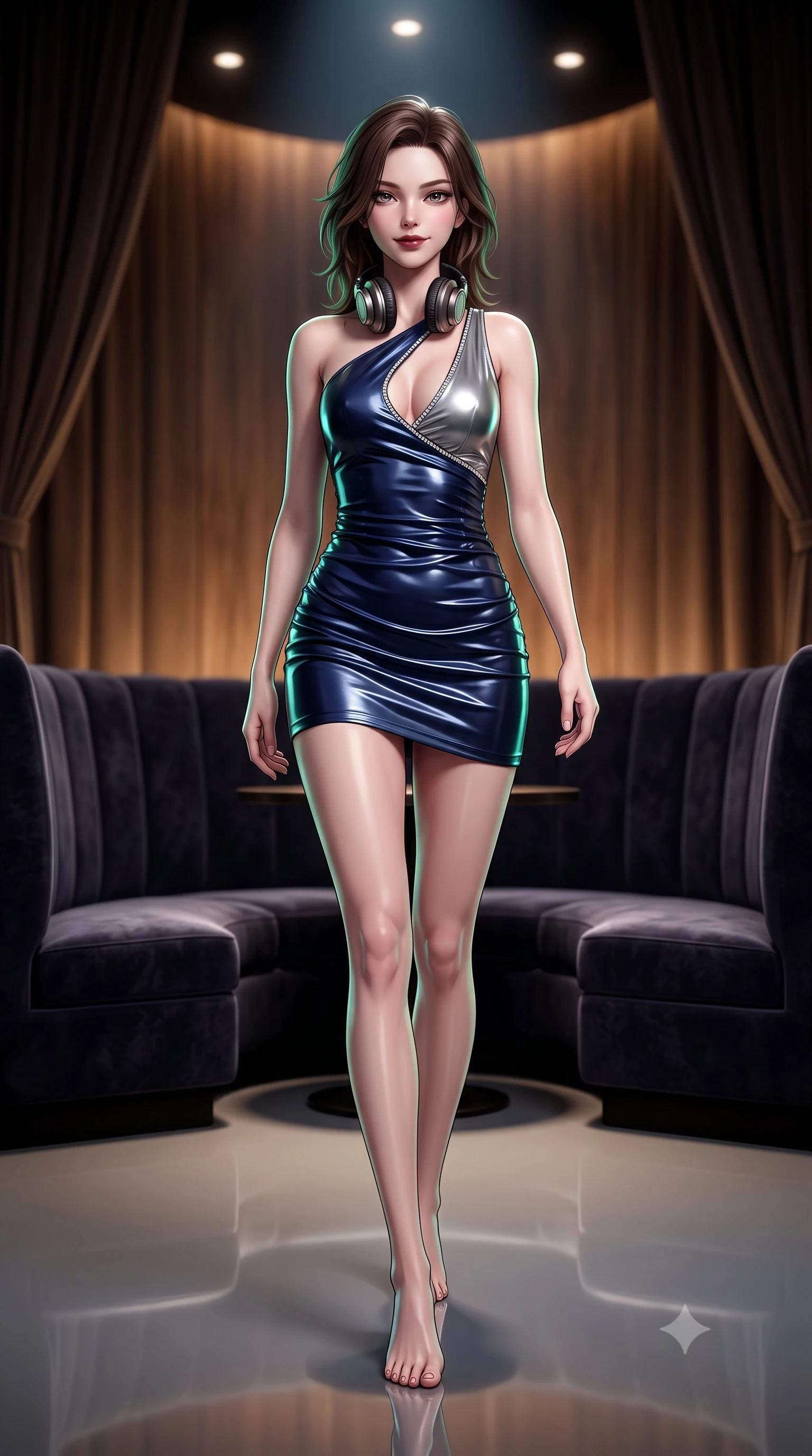 score_9, masterpiece, best quality, ultra-detailed, high-budget anime keyframe, semi-realistic 3D game render, editorial fashion photography, tasteful artistic composition, Korean woman. low angle full-body shot from head to toe showing her feet, filling the entire 9:16 vertical frame with her statuesque presence, stretching her vertical silhouette. striding forward gracefully across the reflective floor with sovereign supermodel poise, hips swaying in an alluring kinetic rhythm that accentuates her curvy hourglass silhouette and long slender legs while sitting nestled in a dark velvet curved booth with vintage oversized headphones resting on her neck, arching her back with a tantalizing smoldering smile. The composition keeps background elements in soft focus with dreamy creamy bokeh. dimly lit acoustic timber walls and private booth drapes softened in intimate audiophile shallow focus. She has an exceptionally tall and slender model-like 8.5-heads proportion, an ultra-slim waist, a flat toned midriff, narrow delicate ribcage, and beautifully sculpted feminine hips creating a graceful, slim hourglass silhouette without any bulky heaviness, with impossibly long slender legs. sharp v-shaped jawline, high-bridge nose, intricate jewel-like dark sparkling eyes with dangerous depth, thick curled eyelashes, glossy parted lips with a rich wine sheen, smoldering seductive half-smile with bedroom-eyes, exuding effortless superiority and intoxicating dark allure, flawlessly proportioned anatomical accuracy, strict slender model proportions, natural body alignment, perfectly sculpted long slender limbs, ultra-slim waistline, clean dynamic posture without body distortion. wearing a liquid-look vinyl mini dress with an asymmetric neckline and hip-defining side ruching in midnight sapphire navy and chrome silver, made of supple butter-soft lambskin leather with a subtle satin sheen, finished with subtle crystal rhinestones lining the plunging neckline, the glove-like silhouette tightly following the natural contour of her hips and long slender legs with youthful 8.5-heads elegance. illuminated by focused spotlight key lights and subtle emerald rim lighting sharply defining her razor-sharp jawline, narrow waist, and curvy hips. highly saturated vibrant anime colors, detailed shading with soft gradients, rich glossy textures, high-contrast stereoscopic depth, volumetric dynamic lighting, master piece, 9:16 ratio