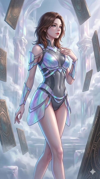 score_9, masterpiece, best quality, ultra-detailed, high-budget anime keyframe, Korean woman. upper body close-up from the thighs up, character filling the screen for maximum presence. wandering through a mirage cloud cathedral of translucent marble 