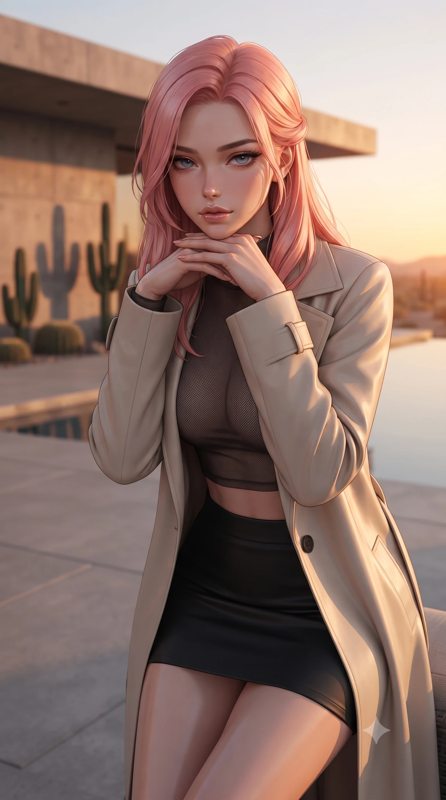 score_9, masterpiece, best quality, ultra-detailed, high-budget anime keyframe, editorial fashion photography, tasteful artistic composition, Japanese woman woman. close-up cowboy shot from the waist and thighs up, the character dominates the composition, filling the frame with her large presence, background elements kept in soft focus. resting her chin on the backs of her fingers, casting a heavy-lidded, sultry look past the camera the background shows a soft-focus a patio of a modern concrete villa in the desert, with minimalist cacti landscaping. She has an exceptionally elegant, slender, and willowy female figure with an ultra-slim waist, a gracefully sculpted slender torso, and a refined silhouette. sharp v-shaped jawline, high-bridge nose, intricate jewel-like eyes with depth, thick eyelashes, glossy lips with a natural sheen. wearing a tailored semi-opaque dark mesh crop top paired with a mini skirt, layered with a tailored light trench coat. the dramatic orange glow of a desert sunset casting long shadows of the cacti. ultra-reflective glossy finish, specular highlights, metallic sheen, high-contrast stereoscopic depth, volumetric dynamic lighting, 2k, ultra detail, master piece, 9:16 ratio