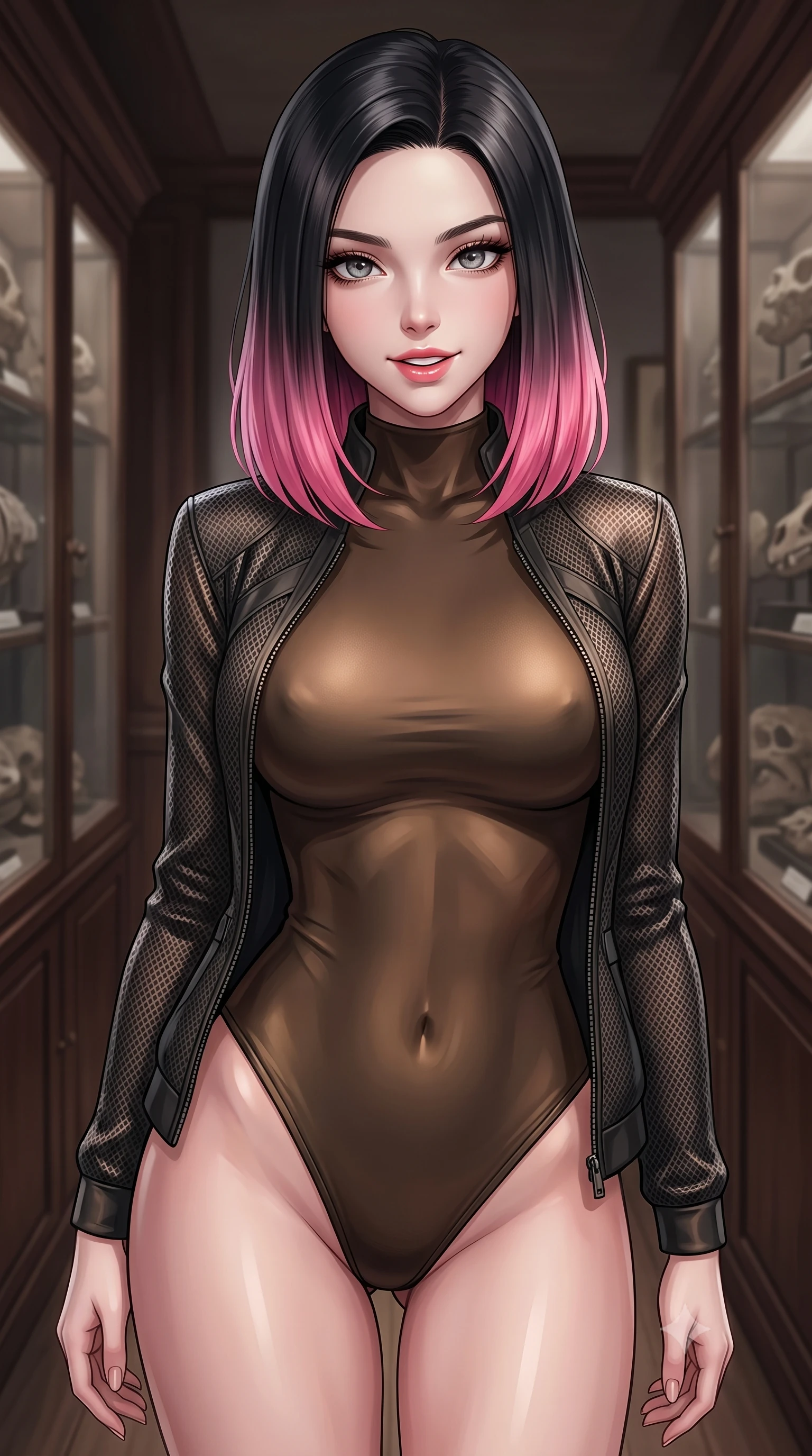 score_9, masterpiece, best quality, ultra-detailed, high-budget anime keyframe, editorial fashion photography, tasteful artistic composition, Korean woman. close-up cowboy shot from the waist and thighs up, the character dominates the composition, filling the frame with her large presence, background elements kept in soft focus. leaning slightly forward with a playful, teasing smile, her gaze locked onto the viewer with lips parted in a composed pose, the background shows a soft-focus a fossil sanctuary corridor with dark wood panels and glass cabinets. She has an exceptionally elegant, slender, and willowy female figure with an ultra-slim waist, a gracefully sculpted slender torso, and a refined silhouette. sharp v-shaped jawline, high-bridge nose, intricate jewel-like eyes with depth, thick eyelashes, glossy lips with a natural sheen. wearing a body-hugging form-fitting high-neck bodysuit in dark bronze, worn under a tailored open carbon-mesh tactical jacket. soft spotlighting highlighting the silk textures of her elegant outfit. highly saturated vibrant anime colors, detailed shading with soft gradients, rich glossy textures, high-contrast stereoscopic depth, volumetric dynamic lighting, master piece, 9:16 ratio
