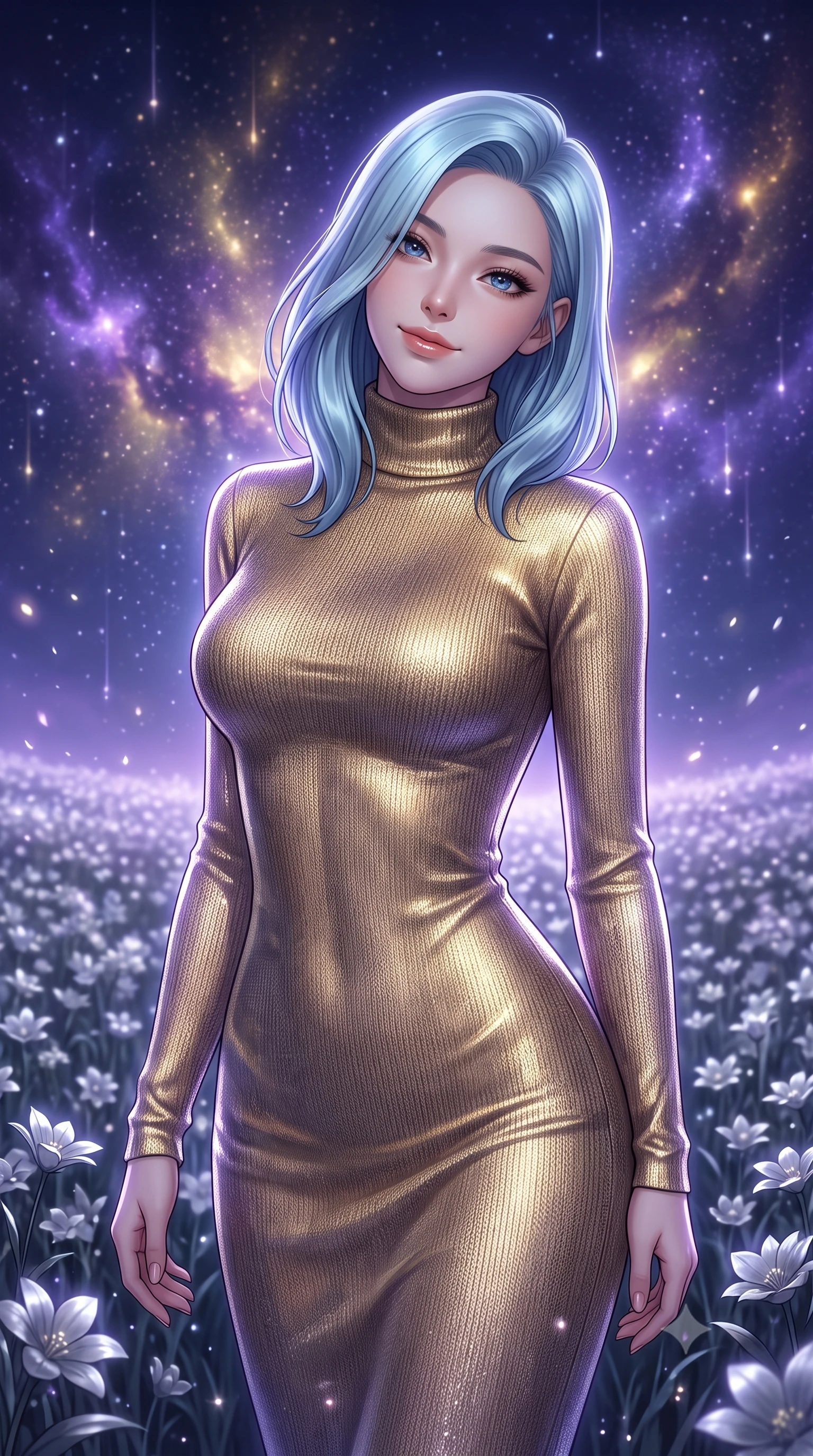 score_9, masterpiece, best quality, ultra-detailed, high-budget anime keyframe, editorial fashion photography, tasteful artistic composition, Korean woman. close-up cowboy shot from the waist and thighs up, the character dominates the composition, filling the frame with her large presence, background elements kept in soft focus. Gently tilting her head with a serene, peaceful smile of quiet happiness. set against a soft-focus background of in an endless field of silver flowers swaying in the night breeze under a sky filled with glowing violet nebulae and falling stardust. She has an exceptionally elegant, slender, and willowy female figure with a highly-defined ultra-slim waist, a gracefully sculpted slender torso, and a refined slim-fit silhouette that contours her form. sharp v-shaped jawline, high-bridge nose, intricate jewel-like eyes with depth, thick eyelashes, glossy lips with a natural sheen. wearing a long-sleeve fitted turtleneck dress in a shifting gold metallic knit, tracing every line of her slender form. cool starlight and deep violet cosmic light wrapping the silver meadow in a soft glowing atmosphere. 2k, ultra detail, master piece, 9:16 ratio