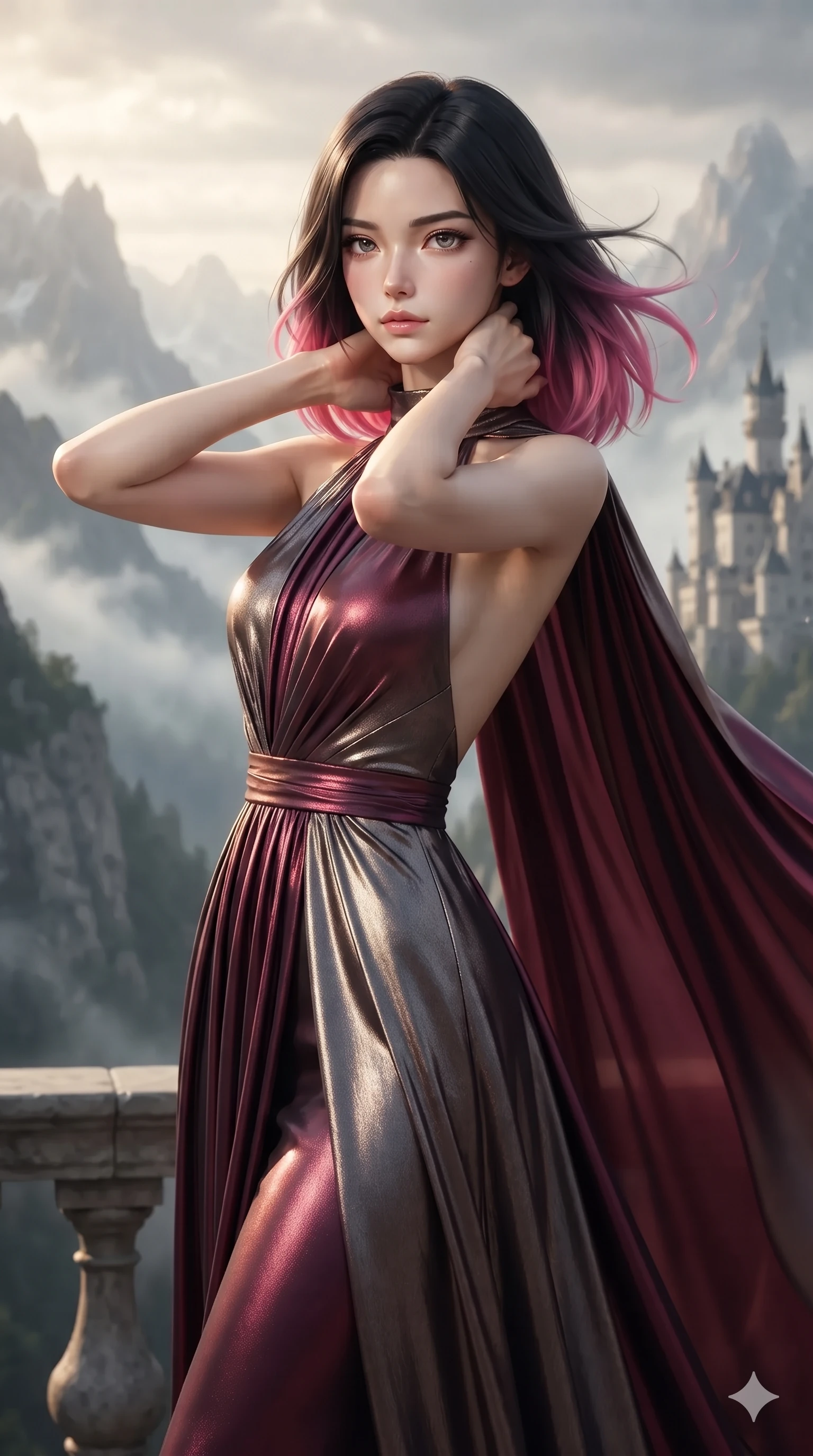 score_9, masterpiece, best quality, ultra-detailed, high-budget anime keyframe, editorial fashion photography, tasteful artistic composition, Korean woman. close-up cowboy shot from the waist and thighs up, the character dominates the composition, filling the frame with her large presence. resting both hands lightly behind her neck with elbows raised, arching her spine to highlight her narrow waist, flat midriff, and breathtaking collarbones while twisting her slender torso in an alluring S-curve, cool mountain winds molding her gown against her flat midriff and curvy hips. The composition keeps background elements in soft focus with creamy bokeh: windswept alpine highland air softened in high turret balcony shallow focus. She has an exceptionally elegant, slender, and willowy female figure with an ultra-slim waist, flat toned midriff, narrow ribcage, and sculpted feminine hips creating an alluring, slim hourglass silhouette without bulk. sharp v-shaped jawline, high-bridge nose, intricate jewel-like eyes with depth, thick eyelashes, glossy parted lips with a natural sheen, intensely captivating and seductive bedroom-eyes expression, flawlessly proportioned anatomical accuracy, strict slender model proportions, natural body alignment, perfectly sculpted long slender limbs, ultra-slim waistline, clean dynamic posture without body distortion. wearing an elegant backless metallic lamé evening gown with a high jewel neckline and flowing silk capelet in deep wine burgundy and brushed dark platinum, woven from buttery-soft stretch lambskin leather adhering to her body like a second skin, accented with an open-back drape framed by falling strands of delicate chrome chains, the bespoke structured tailoring following the natural line of her 8.5-heads silhouette with refined elegance. bathed in diffused cool 5500K highland daylight contrasted with warm golden accent highlights from castle interior torchères. ultra-reflective glossy finish, specular highlights, rich textural contrasts, high-contrast stereoscopic depth, volumetric dynamic lighting, 2k, ultra detail, master piece, 9:16 ratio
