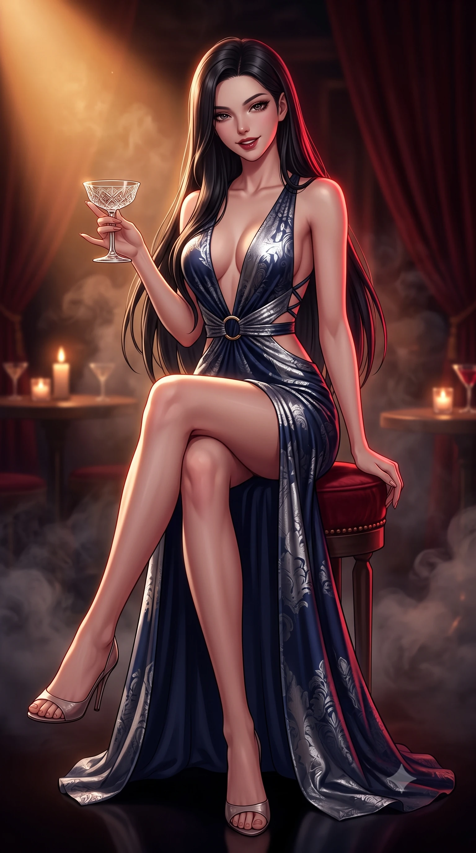 score_9, masterpiece, best quality, ultra-detailed, high-budget anime keyframe, semi-realistic 3D game render, editorial fashion photography, tasteful artistic composition, Korean woman. low angle full-body shot from head to toe showing her feet, filling the entire 9:16 vertical frame with her statuesque presence, stretching her vertical silhouette. executing a slow, elegant turn as her liquid gown flutters around her slender legs, glancing over her shoulder with an intoxicating, seductive bedroom-gaze while sitting gracefully on a round red velvet stool with one leg crossed over the other, holding an antique cocktail coupe with a smoldering, playful half-smile. The composition keeps background elements in soft focus with dreamy creamy bokeh. flickering candle votives on cocktail tables and swirling atmospheric smoke softened in intimate speakeasy shallow focus. She has an exceptionally tall and slender model-like 8.5-heads proportion, an ultra-slim waist, a flat toned midriff, narrow delicate ribcage, and beautifully sculpted feminine hips creating a graceful, slim hourglass silhouette without any bulky heaviness, with impossibly long slender legs. sharp v-shaped jawline, high-bridge nose, intricate jewel-like dark sparkling eyes with dangerous depth, thick curled eyelashes, glossy parted lips with a rich wine sheen, smoldering seductive half-smile with bedroom-eyes, exuding effortless superiority and intoxicating dark allure, flawlessly proportioned anatomical accuracy, strict slender model proportions, natural body alignment, perfectly sculpted long slender limbs, ultra-slim waistline, clean dynamic posture without body distortion. wearing a deep plunging-V silk jersey evening gown with an open back scoop and waist-cinching gold ring in midnight sapphire navy and chrome silver, tailored from rich silk jacquard with subtle embossed baroque patterns, featuring a dramatic criss-cross satin back lacing tracing her slender spine, the precision-cut side openings and low-back scoop framing her graceful spine and the sensual sweep of her slim, toned hips. illuminated by a single warm amber spotlight and rich crimson rim light sculpting her sculpted collarbones, narrow waist, and feminine hips. highly saturated vibrant anime colors, detailed shading with soft gradients, rich glossy textures, high-contrast stereoscopic depth, volumetric dynamic lighting, master piece, 9:16 ratio