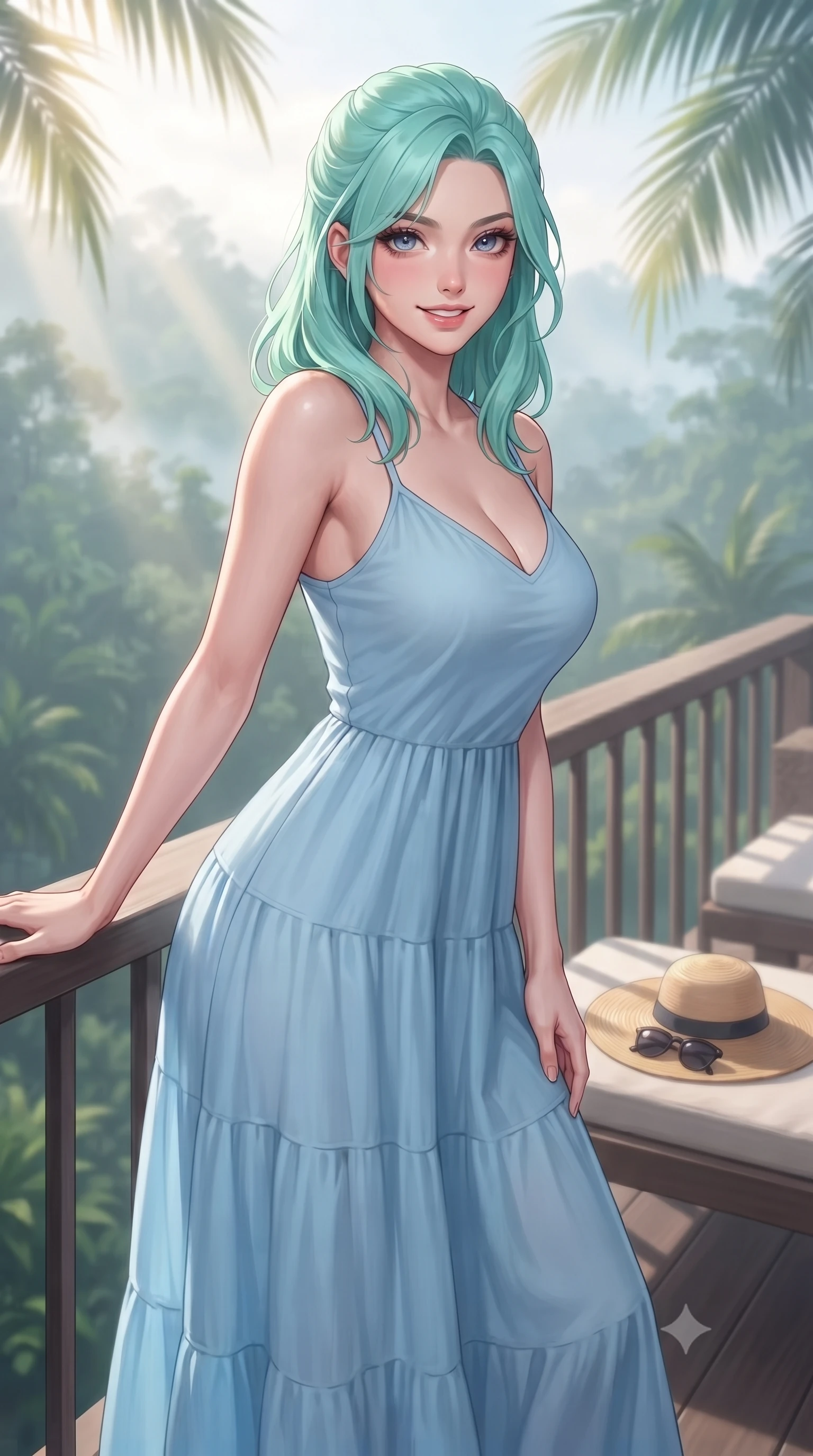 score_9, masterpiece, best quality, ultra-detailed, high-budget anime keyframe, editorial fashion photography, tasteful artistic composition, Japanese woman. close-up cowboy shot from the waist and thighs up, the character dominates the composition, filling the frame with her large presence, background elements kept in soft focus. smiling cutely with an air of effortless superiority and magnetic charm set against a soft-focus background of on a scenic resort balcony overlooking a misty valley of tropical forest with a straw sunhat and a pair of sunglasses resting on the lounge chair. She has an exceptionally elegant, slender, and willowy female figure with an ultra-slim waist, a gracefully sculpted slender torso, and a refined silhouette. sharp v-shaped jawline, high-bridge nose, intricate jewel-like eyes with depth, thick eyelashes, glossy lips with a natural sheen. wearing slim-fit lovely tiered maxi dress in baby blue, featuring a relaxed silhouette. soft afternoon sunbeams filtering through the palm leaves, casting gentle shadows. highly saturated vibrant anime colors, detailed shading with soft gradients, rich glossy textures, high-contrast stereoscopic depth, volumetric dynamic lighting, master piece, 9:16 ratio