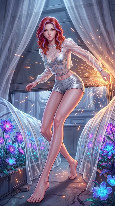 score_9, masterpiece, best quality, ultra-detailed, high-budget anime keyframe, editorial fashion photography, tasteful artistic composition, Caucasian woman, strictly human ears. low angle full-body shot from head to toe showing her feet, filling th