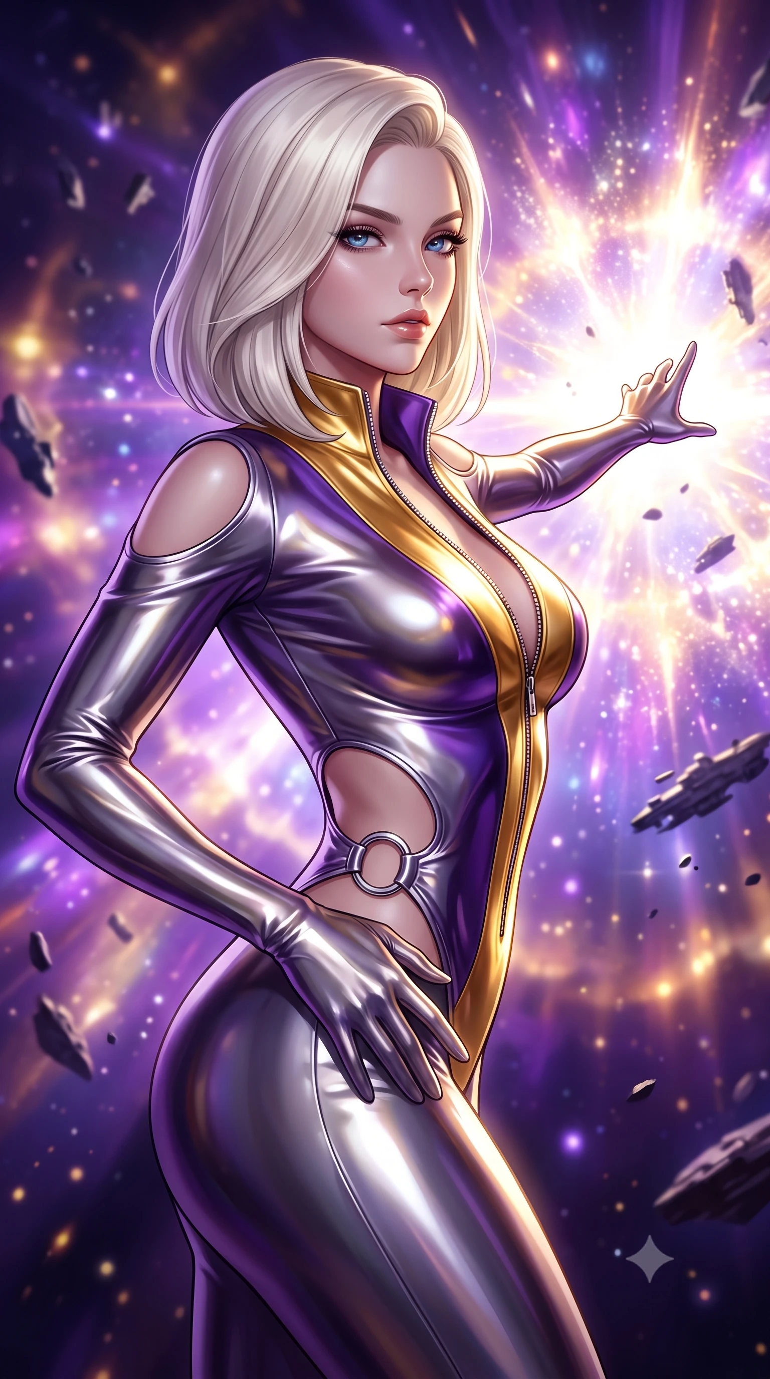 score_9, masterpiece, best quality, ultra-detailed, high-budget anime keyframe, semi-realistic 3D game render, editorial fashion photography, tasteful artistic composition, Caucasian woman. close-up cowboy shot from the waist and thighs up, the character dominates the composition, filling the frame with her large presence. twisting her upper body in a dynamic S-curve with an alluring smolder, one hand trailing along her slender waist while extending one arm gracefully toward the exploding celestial star with an ethereal, smoldering expression. The composition keeps background elements in soft focus with creamy bokeh. blazing supernova shockwaves and floating starship debris blurred into brilliant violet and gold bokeh. She has an exceptionally elegant, slender, and willowy female figure with an ultra-slim waist, a gracefully sculpted slender torso, and a refined silhouette. sharp v-shaped jawline, high-bridge nose, intricate jewel-like eyes with depth, thick eyelashes, glossy lips with a natural sheen, flawlessly proportioned anatomical accuracy, natural body alignment, perfectly sculpted elegant limbs, clean dynamic posture without body distortion. wearing a form-fitting top made of molten liquid-mercury fabric that clings to her curves, with strategic tear-drop shoulder cutouts and a dangerously unzipped front collar in lustrous molten gold and pure deep violet, made of liquid metal jersey that clings flawlessly to every contour of her build, detailed with polished silver rings connecting the daring side-waist cutouts, the glove-like fit tightly following every curve of her statuesque athletic build. bathed in blinding white and gold supernova celestial radiance with deep cosmic purple shadows. highly saturated vibrant anime colors, detailed shading with soft gradients, rich glossy textures, high-contrast stereoscopic depth, volumetric dynamic lighting, master piece, 9:16 ratio
