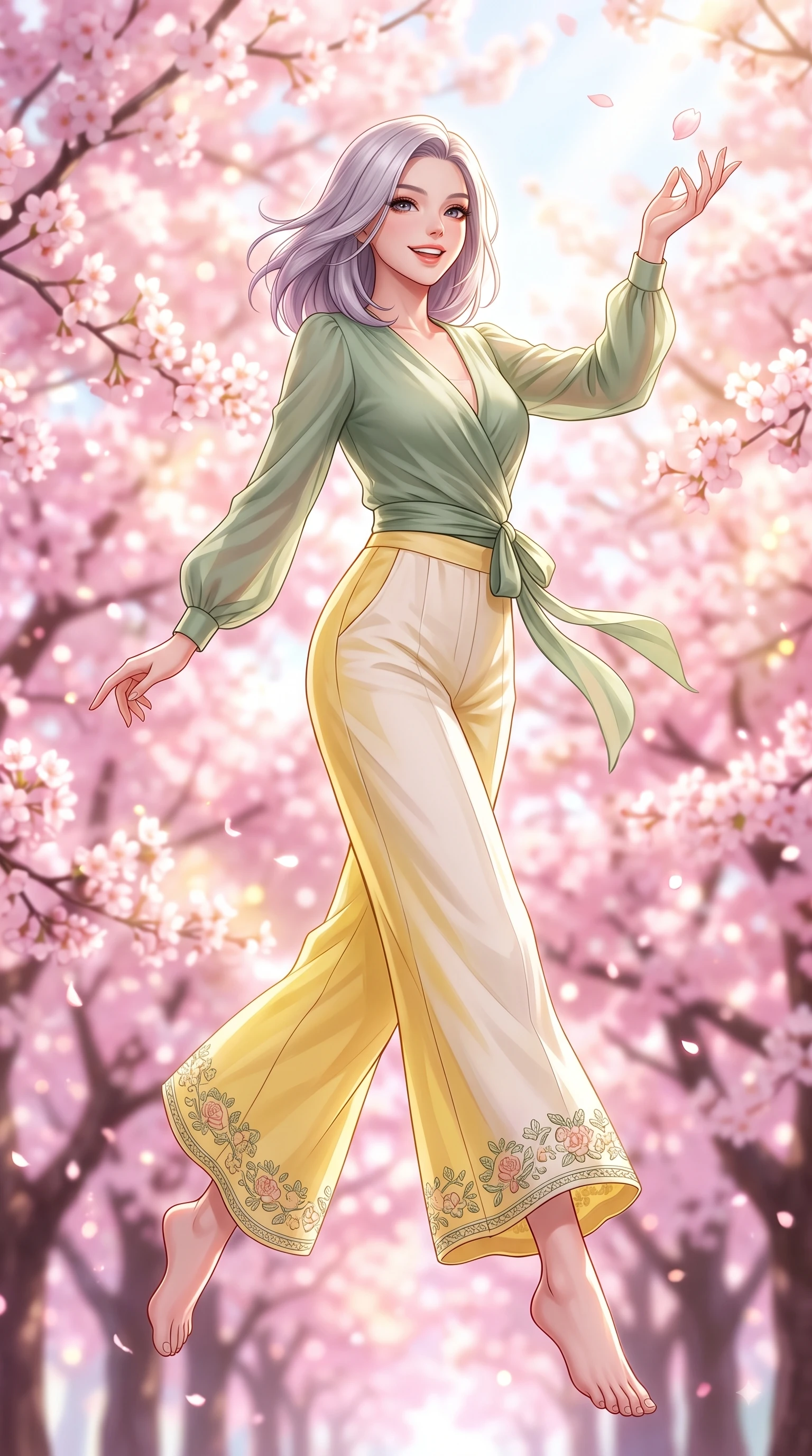 score_9, masterpiece, best quality, ultra-detailed, high-budget anime keyframe, editorial fashion photography, tasteful artistic composition, Caucasian woman. low angle full-body shot from head to toe showing her feet, filling the entire 9:16 vertical frame with her statuesque presence, stretching her vertical silhouette. leaping with pure youthful energy through the scene with a radiant bright smile, her long slender legs balanced gracefully while reaching her hand up playfully to catch a floating blossom petal with a joyful expression. The composition keeps background elements in soft focus with dreamy bokeh. dense cherry blossom canopies blurring into a dreamy, glowing pink and white bokeh backdrop. She has an absolutely perfect, statuesque 8.5-heads proportion, an exceptionally tall and slender model-like female figure with impossibly long slender legs and an ultra-slim waist. sharp v-shaped jawline, high-bridge nose, intricate jewel-like eyes with depth, thick eyelashes, glossy lips with a natural sheen, flawlessly proportioned anatomical accuracy, natural body alignment, perfectly sculpted elegant limbs, clean dynamic posture without body distortion. wearing an elegant sage green wrap blouse with wide-leg cream linen trousers in bright butter yellow and fresh cream white, made of fine lightweight chiffon that flutters gently in the breeze, complemented by delicate embroidered floral trim along the hem, the tailored casual silhouette highlighting her fresh and youthful presence. bathed in bright morning sunbeams and warm golden sakura backlighting. highly saturated vibrant anime colors, detailed shading with soft gradients, rich glossy textures, high-contrast stereoscopic depth, volumetric dynamic lighting, master piece, 9:16 ratio