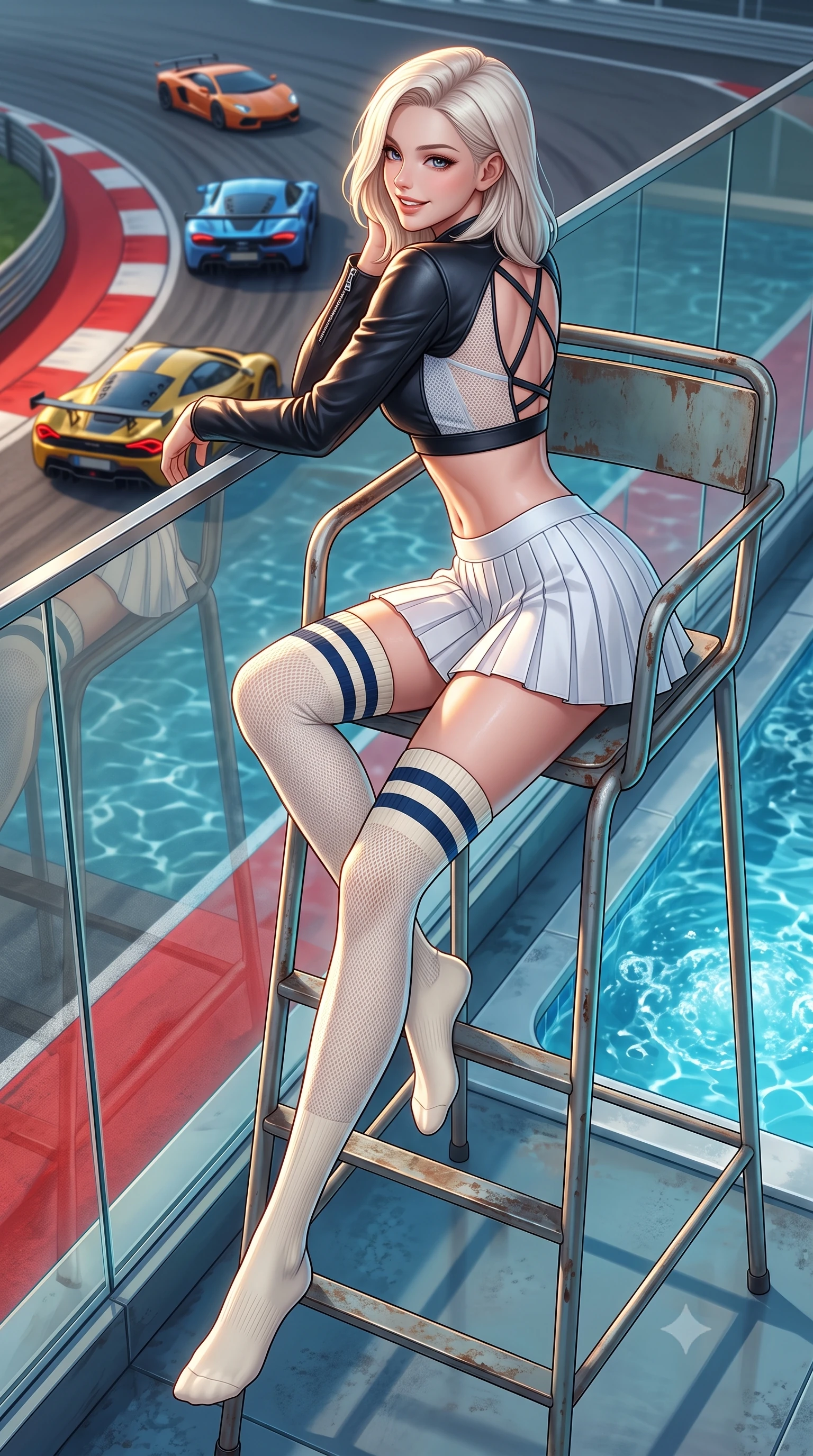 score_9, masterpiece, best quality, ultra-detailed, high-budget anime keyframe, semi-realistic 3D game render, editorial fashion photography, tasteful artistic composition, Caucasian woman. low angle full-body shot from head to toe showing her feet, filling the entire 9:16 vertical frame with her statuesque presence, stretching her vertical silhouette. sitting perched on the elevated umpire chair with legs crossed and hips angled toward the camera, displaying her toned midriff and long slender limbs with joyful, coquettish charm while leaning against the glass balustrade with hips cocked back, looking over a bare shoulder toward roaring supercars navigating the turn below. The surrounding environment is rendered in vivid detail and crisp panoramic clarity: sharp red curb paint texture, glass balustrade clarity, and bubbling pool water surface ripples in deep focus. She has an absolutely perfect, statuesque 8.5-heads proportion, an exceptionally tall and slender model-like female figure with impossibly long slender legs, an ultra-slim waist, a flat toned midriff, narrow delicate ribcage, and beautifully sculpted feminine hips creating a graceful, slim hourglass silhouette without any bulky heaviness. sharp v-shaped jawline, high-bridge nose, sparkling eyes with athletic focus and depth, thick curled eyelashes, glossy parted lips with a natural coral-peach sheen, bright confident and coquettish smile with alluring bedroom-eyes, exuding both youthful sporty vigor and sovereign high-society glamour, flawlessly proportioned anatomical accuracy, strict slender model proportions, natural body alignment, perfectly sculpted long slender limbs, ultra-slim waistline, clean dynamic posture without body distortion. wearing a cropped zip-front racing leather bolero jacket paired with a micro-pleated white tennis mini-skirt and thigh-high sports socks in retro tennis cream and navy blue stripes, woven from semi-opaque performance athletic mesh with hexagonal micro-perforations, finished with criss-cross back athletic straps highlighting her graceful shoulder blades, the form-fitting tailored bodice adhering flawlessly to her sculpted flat midriff and slender torso, emphasizing her long leg lines and perfectly proportioned willowy build. illuminated by pool water caustic bounce and sharp warm-gold rim lights sculpting her razor-sharp jawline, narrow waist, and curvy hips. highly saturated vibrant anime colors, detailed shading with soft gradients, rich glossy textures, high-contrast stereoscopic depth, volumetric dynamic lighting, master piece, 9:16 ratio