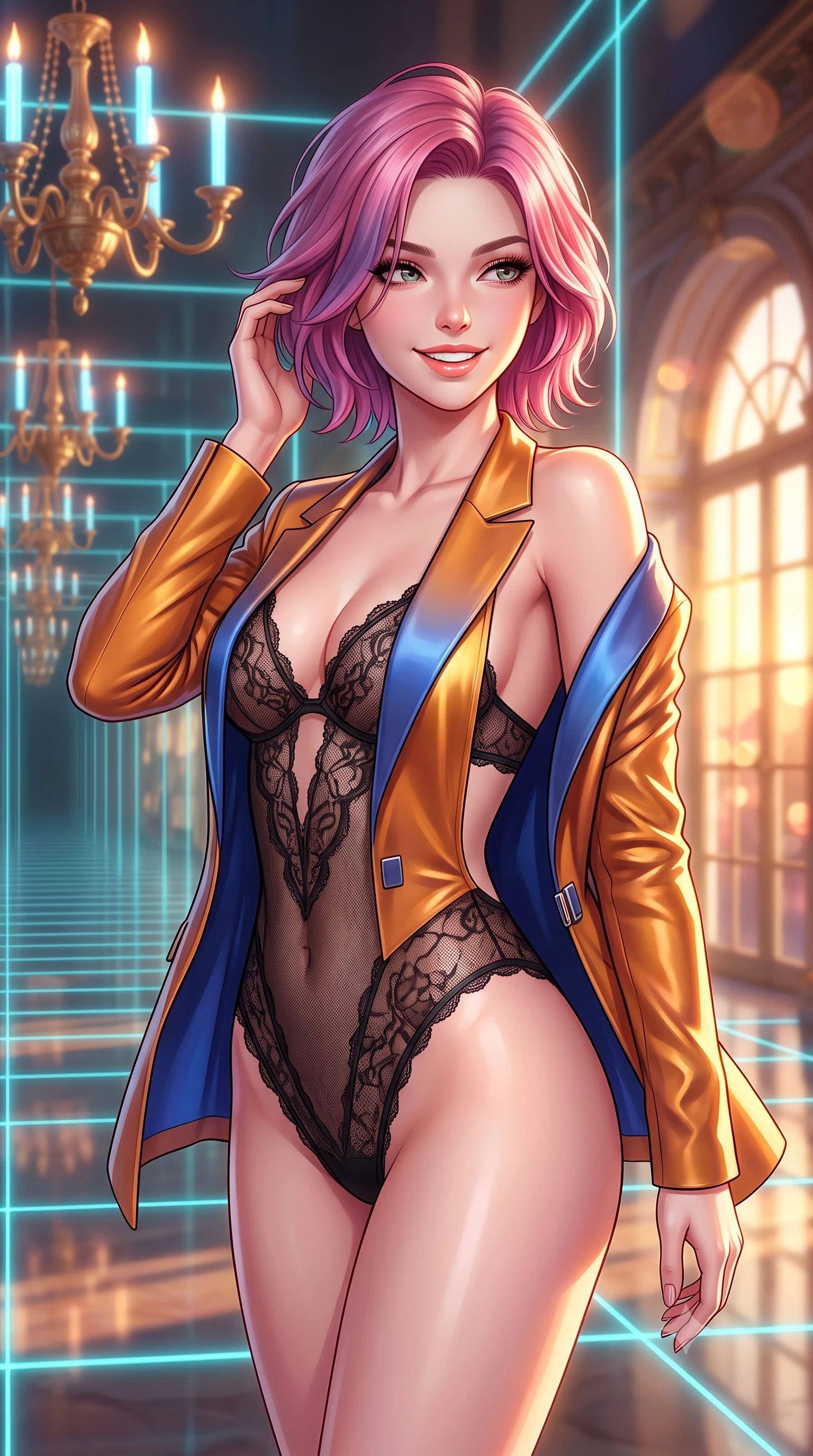 score_9, masterpiece, best quality, ultra-detailed, high-budget anime keyframe, semi-realistic 3D game render, editorial fashion photography, tasteful artistic composition, Caucasian woman. close-up cowboy shot from the waist and thighs up, the character dominates the composition, filling the frame with her large presence. gently brushing a lock of hair behind her ear while casting a playful, flirtatious side-gaze with long eyelashes while standing poised in the infinite smart-mirror gallery reflecting endless recursive laser corridors, arching her spine with breathtaking anime heroine allure. The background shows a soft-focus infinite recursive mirror reflections, antique gilded chandeliers fitted with neon plasma candles, and setting sun through arched palace windows blurred into gold, copper, and ruby bokeh. She has an exceptionally elegant, slender, and willowy female figure with an ultra-slim waist, flat toned midriff, narrow ribcage, and sculpted feminine hips creating an alluring, slim hourglass silhouette without bulk. sharp v-shaped jawline, high-bridge nose, intricate jewel-like sparkling eyes with depth, thick eyelashes, glossy parted lips with a natural peach sheen, bright cheerful beaming smile with an enchanting and coquettish sensual glint, exuding both youthful cute charm and seductive allure, flawlessly proportioned anatomical accuracy, strict slender model proportions, natural body alignment, perfectly sculpted long slender limbs, ultra-slim waistline, clean dynamic posture without body distortion. wearing a delicate sheer French Chantilly lace teddy layered under an open tailored metallic blazer draped over bare shoulders in Jovian amber and electric storm cobalt, made of fluid liquid jersey with seamless sculpting hold and smooth contours, finished with sleek magnetic buckle closures fluttering in the breeze, the precision-cut side openings and low-back scoop framing her graceful spine and the sensual sweep of her slim, toned hips. bathed in the blinding golden hour 2800K palace sunset mixed with delicate cyan laser grid lines. highly saturated vibrant anime colors, detailed shading with soft gradients, rich glossy textures, high-contrast stereoscopic depth, volumetric dynamic lighting, master piece, 9:16 ratio