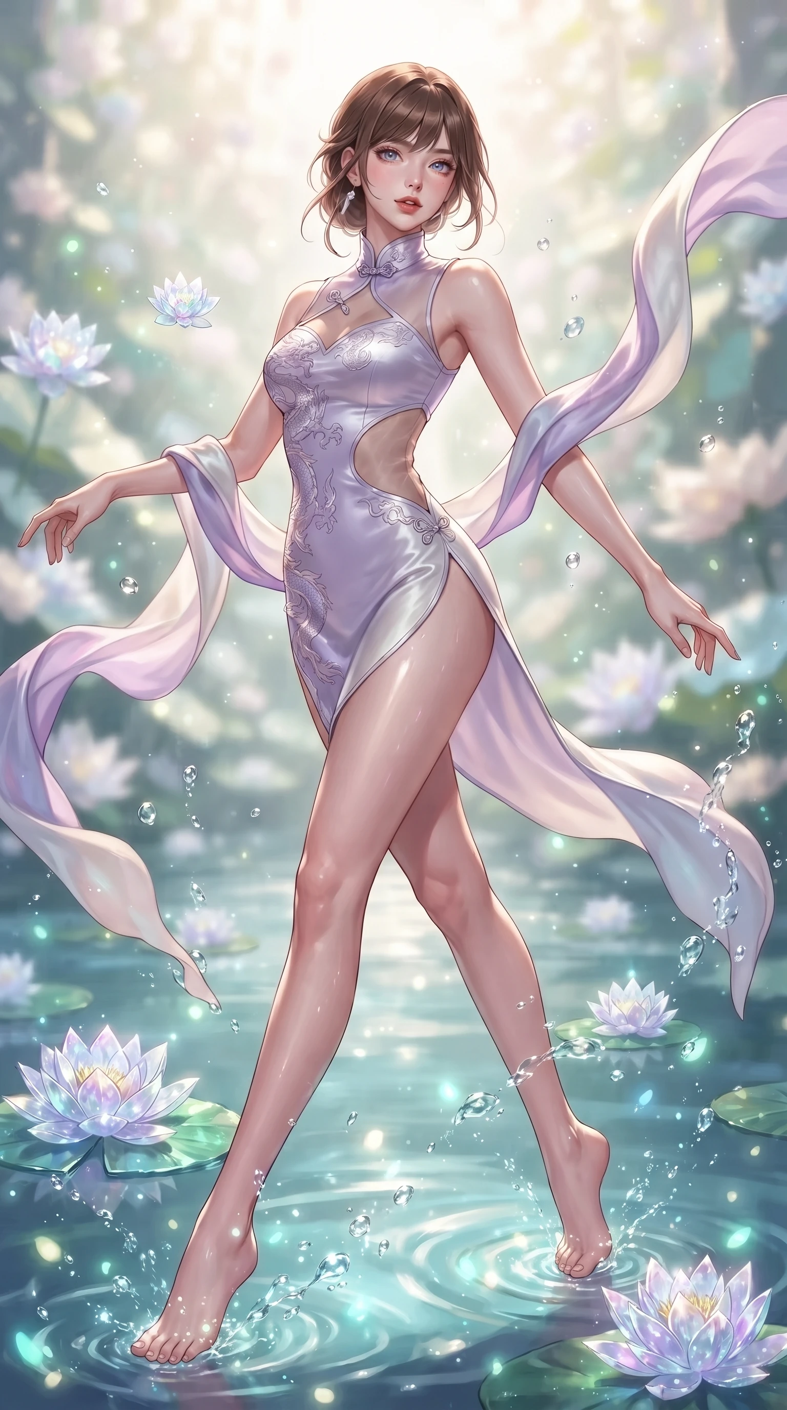 score_9, masterpiece, best quality, ultra-detailed, high-budget anime keyframe, editorial fashion photography, tasteful artistic composition, Korean woman. low angle full-body shot from head to toe showing her feet, filling the entire 9:16 vertical frame with her statuesque presence, stretching her vertical silhouette. stepping forward gracefully in mid-motion, displaying her toned flat midriff and flawlessly sculpted slender limbs while stepping lightly across floating crystal water lilies that chime with soft musical tones under her feet. The composition keeps background elements in soft focus with creamy bokeh. sparkling water droplets and glowing jade micro-particles scattering luminous light motes. She has an absolutely perfect, statuesque 8.5-heads proportion, an exceptionally tall and slender model-like female figure with impossibly long slender legs, a toned flat midriff, and an ultra-slim waist. sharp v-shaped jawline, high-bridge nose, intricate jewel-like eyes with depth, thick eyelashes, glossy lips with a natural sheen, captivating and magnetic expression, flawlessly proportioned anatomical accuracy, strict slender model proportions, natural body alignment, perfectly sculpted long slender limbs, ultra-slim waistline, clean dynamic posture without body distortion. wearing a dragon-embroidered silk cheongsam modern dress with asymmetrical sheer mesh cutouts and high Mandarin collar in ethereal lilac mist and pearlescent white, tailored from traditional lustrous satin with delicate hand-stitched borders, complemented by long flowing silk arm ribbons that float weightlessly in the air, the breezy yet form-flattering drape swaying gracefully with her steps, accentuating her long willowy limbs and slim waistline. illuminated by wet reflective highlights defining her sculpted neck, waistline, and slender legs. ultra-reflective glossy finish, specular highlights, rich textural contrasts, high-contrast stereoscopic depth, volumetric dynamic lighting, 2k, ultra detail, master piece, 9:16 ratio