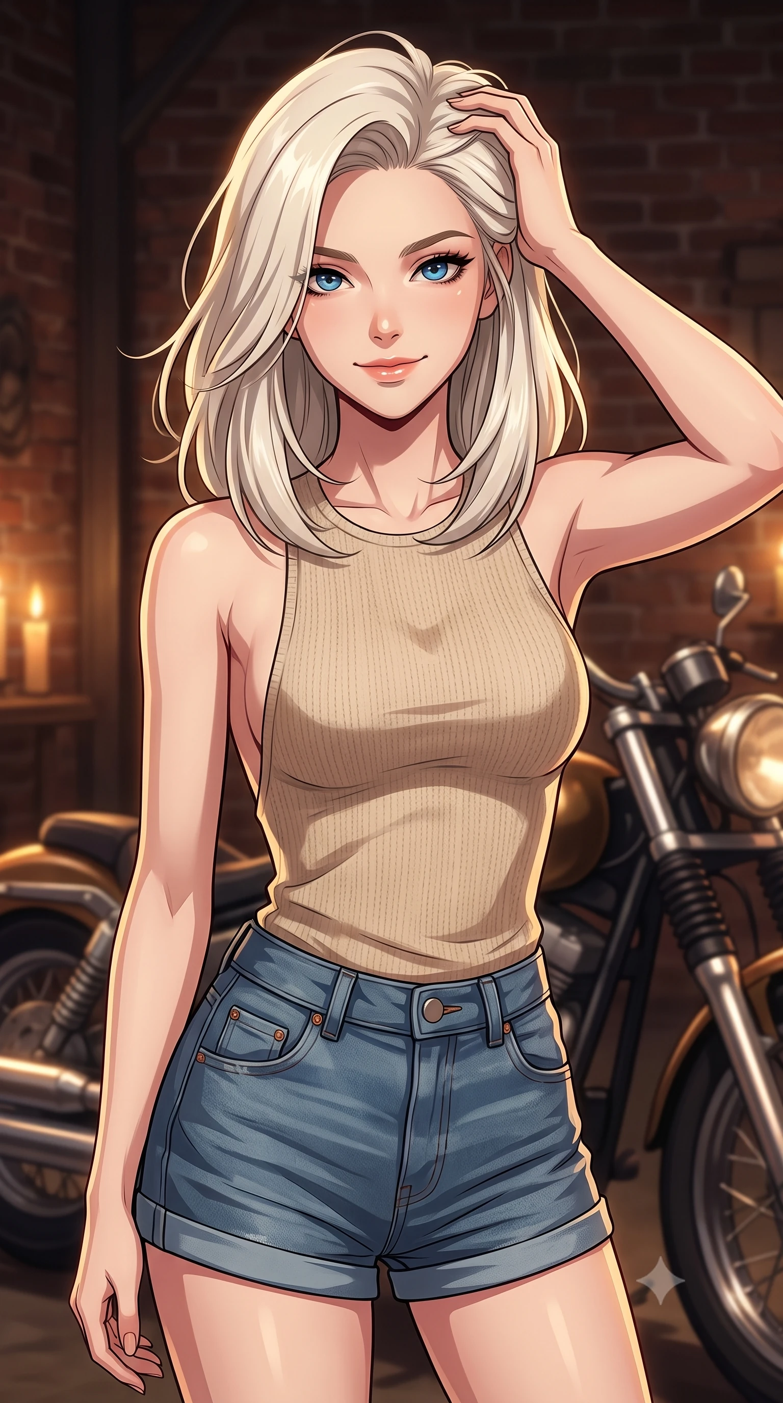 score_9, masterpiece, best quality, ultra-detailed, high-budget anime keyframe, tasteful artistic composition, Caucasian woman. close-up cowboy shot from the waist and thighs up, the character dominates the composition, filling the frame with her large presence, background elements kept in soft focus. smiling with quiet, magnetic self-assurance directly into the camera, running a hand through her hair the background shows a soft-focus a private hangar with a vintage motorcycle and exposed brick walls. She has an exceptionally elegant, slender, and willowy female figure with an ultra-slim waist, a gracefully sculpted slender torso, and a refined silhouette. sharp v-shaped jawline, high-bridge nose, intricate jewel-like eyes with depth, thick eyelashes, glossy lips with a natural sheen. wearing a slim-fit backless knit top in beige wool, paired with high-waisted denim shorts. warm candlelight casting dramatic shadows on the steel motorcycle parts. highly saturated vibrant anime colors, cel-shading, 2d style, master piece, 9:16 ratio