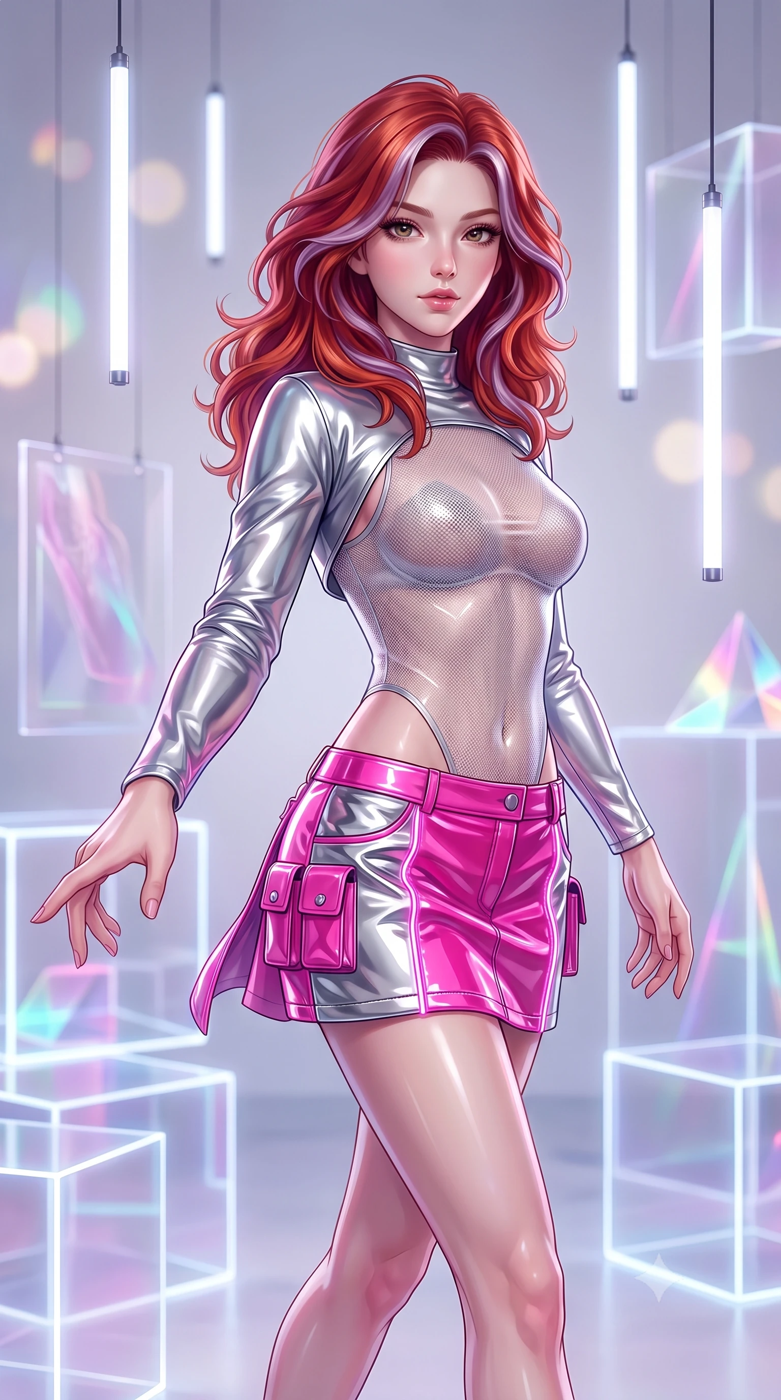 score_9, masterpiece, best quality, ultra-detailed, high-budget anime keyframe, semi-realistic 3D game render, editorial fashion photography, tasteful artistic composition, Caucasian woman. close-up cowboy shot from the waist and thighs up, the character dominates the composition, filling the frame with her large presence. extending one slender arm gracefully toward the foreground while casting an affectionate, mesmerizing glance while posing inside an avant-garde digital art gallery surrounded by glowing translucent acrylic cubes and suspended LED tubes. The composition keeps background elements in soft focus with creamy bokeh. translucent acrylic art installations and geometric light prisms softened in dreamy shallow focus. She has an exceptionally elegant, slender, and willowy female figure with an ultra-slim waist, a gracefully sculpted slender torso, toned flat midriff, and a refined slim silhouette. sharp v-shaped jawline, high-bridge nose, intricate jewel-like eyes with depth, thick eyelashes, glossy lips with a natural sheen, captivating and magnetic expression, flawlessly proportioned anatomical accuracy, strict slender model proportions, natural body alignment, perfectly sculpted long slender limbs, ultra-slim waistline, clean dynamic posture without body distortion. wearing a futuristic sheer mesh bodysuit layered under a metallic silver shrug bolero and micro cargo skirt in bright cyber pink and chrome silver, formed from high-gloss patent leather with sharp specular chiaroscuro, finished with glowing fiber-optic seam piping and miniature utility pouches, the breezy yet form-flattering drape swaying gracefully with her steps, accentuating her long willowy limbs and slim waistline. illuminated by clean geometric specular highlights tracing her sculpted torso and legs. highly saturated vibrant anime colors, detailed shading with soft gradients, rich glossy textures, high-contrast stereoscopic depth, volumetric dynamic lighting, master piece, 9:16 ratio