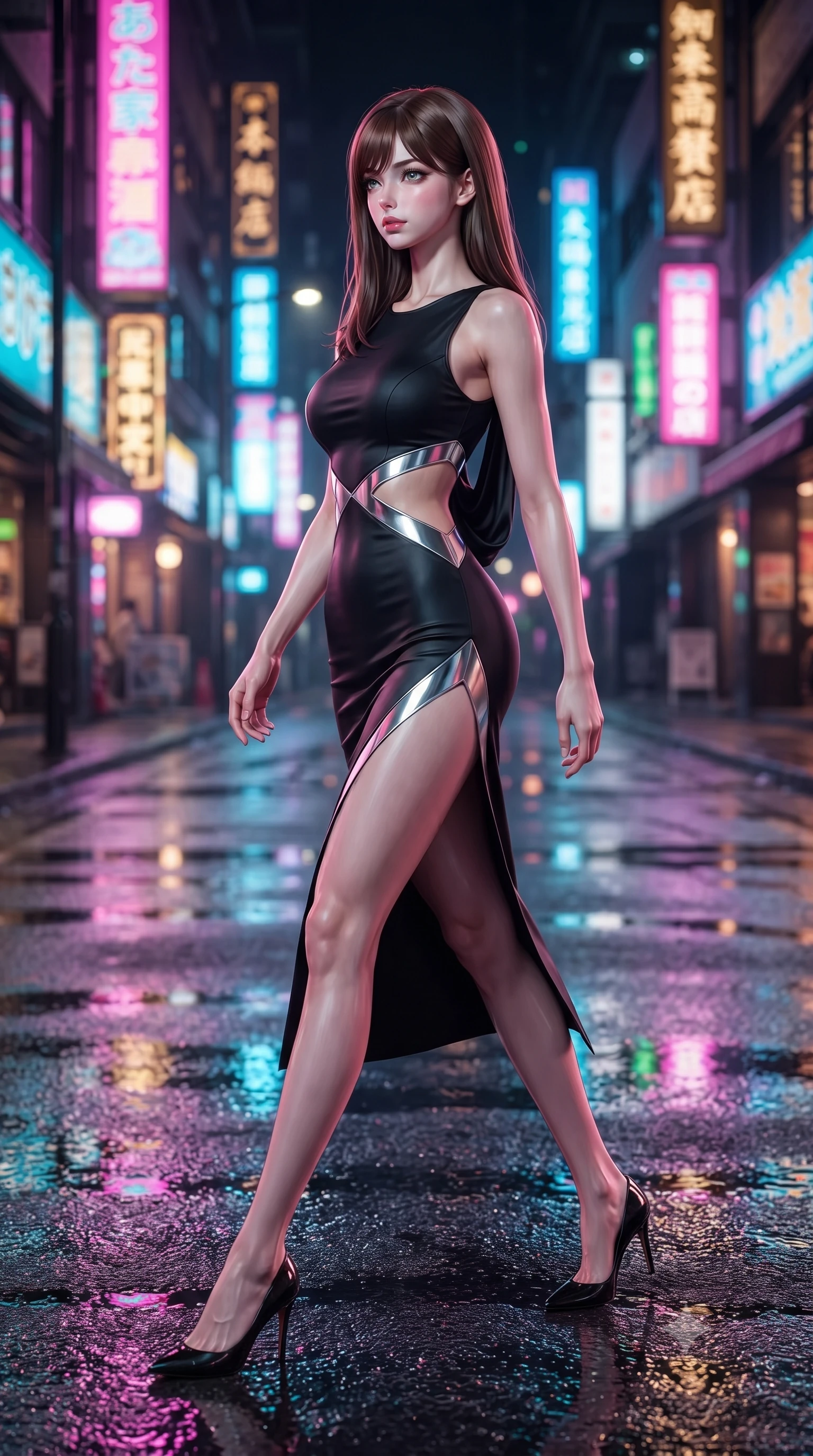 score_9, masterpiece, best quality, ultra-detailed, high-budget anime keyframe, editorial fashion photography, tasteful artistic composition, Korean woman. low angle full-body shot from head to toe showing her feet, filling the entire 9:16 vertical frame with her statuesque presence, stretching her vertical silhouette. navigating the luminous space with effortless poise, displaying her perfect model proportions walking across a wet asphalt street reflecting multi-color neon city lights, wet asphalt surfaces casting glossy specular highlights from surrounding signs. She has an absolutely perfect, statuesque 8.5-heads proportion, an exceptionally tall and slender model-like female figure with impossibly long slender legs and an ultra-slim waist. sharp v-shaped jawline, high-bridge nose, intricate jewel-like eyes with depth, thick eyelashes, glossy lips with a natural sheen. wearing a precision-fitted liquid jersey bodycon dress with a draped back in matte black and polished silver, crafted from smooth liquid silk, featuring subtle geometric cutouts that highlight her ultra-slim midriff, the tailored fabric tightly following every curve of her athletic build. drenched in wet neon reflections with brilliant specular highlights on her silhouette. highly saturated vibrant anime colors, detailed shading with soft gradients, rich glossy textures, high-contrast stereoscopic depth, volumetric dynamic lighting, master piece, 9:16 ratio